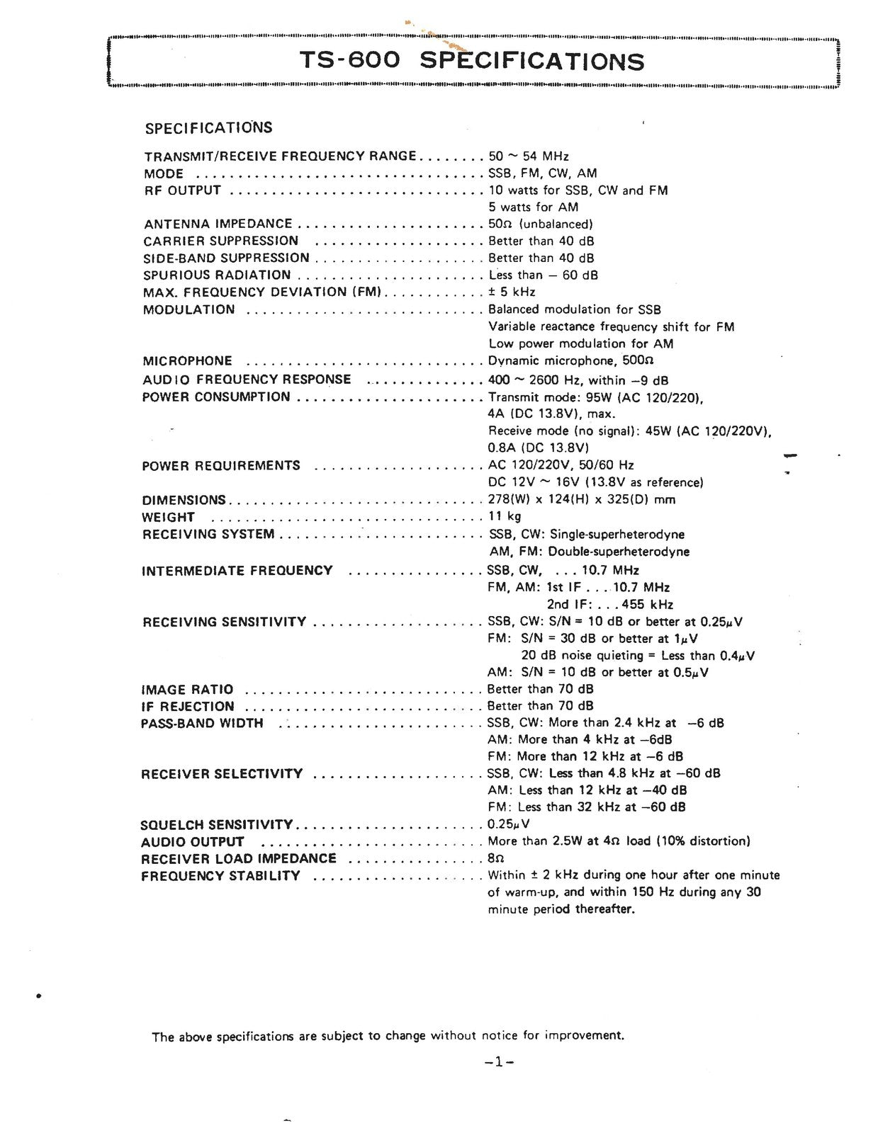 KENWOOD TS-600 6m Transceiver Service Manual - BOUND - COVERS - XL FOLDOUT PAGES