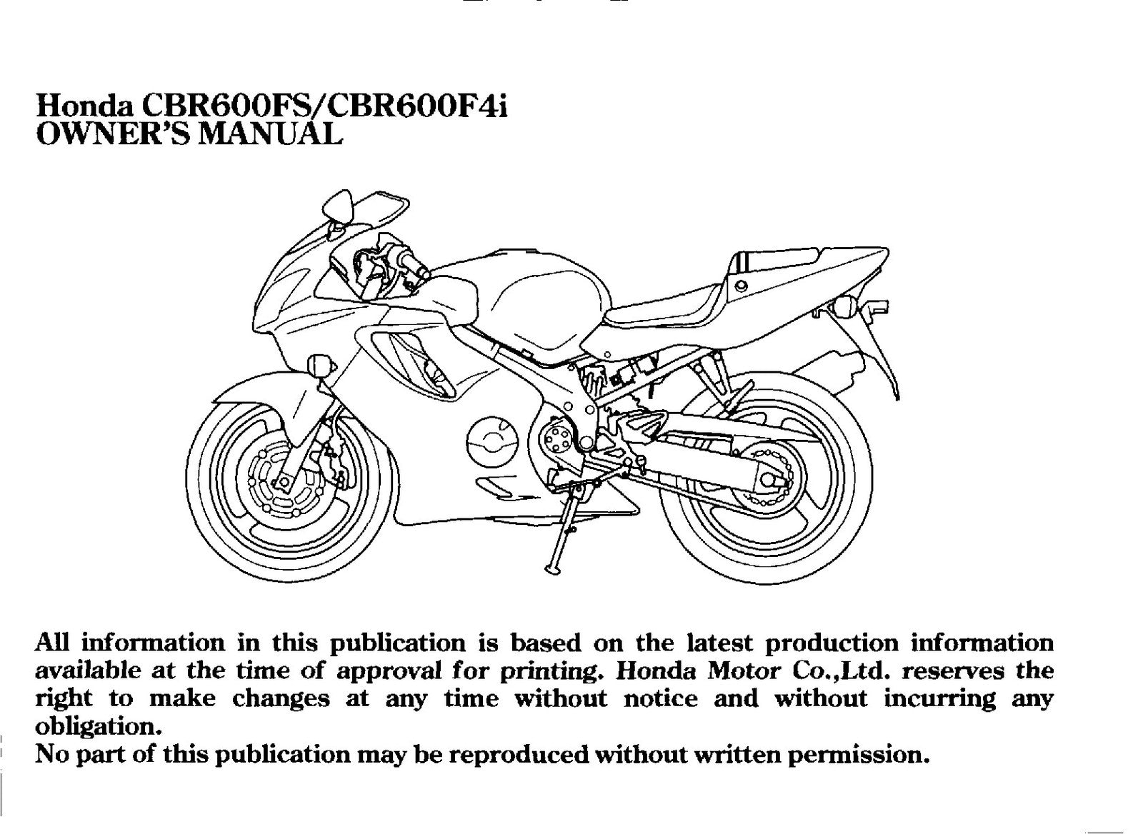 HONDA CBR600FS CBR600F4i Owners Manual 2001 - BOUND - COVERS - XL FOLDOUT PAGES