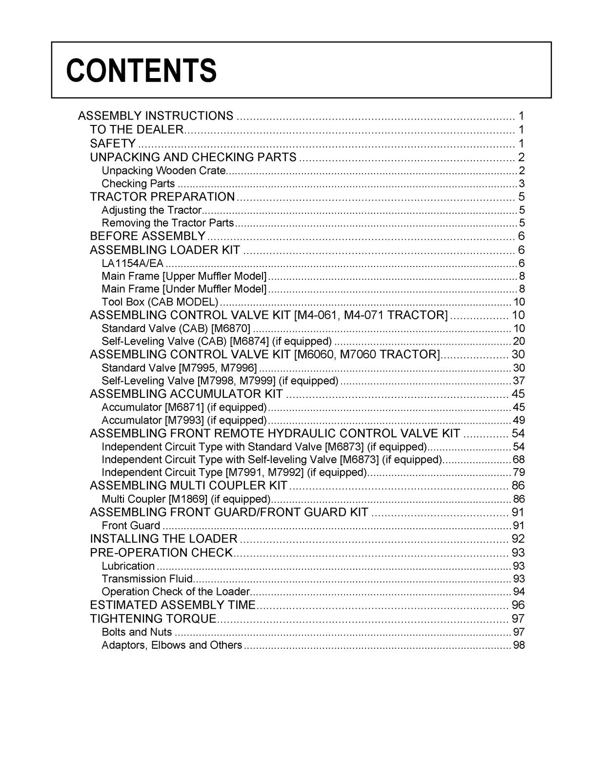 KUBOTA LA1154A EA Loader Assembly Instructions Manual 2019, FOLDOUTS