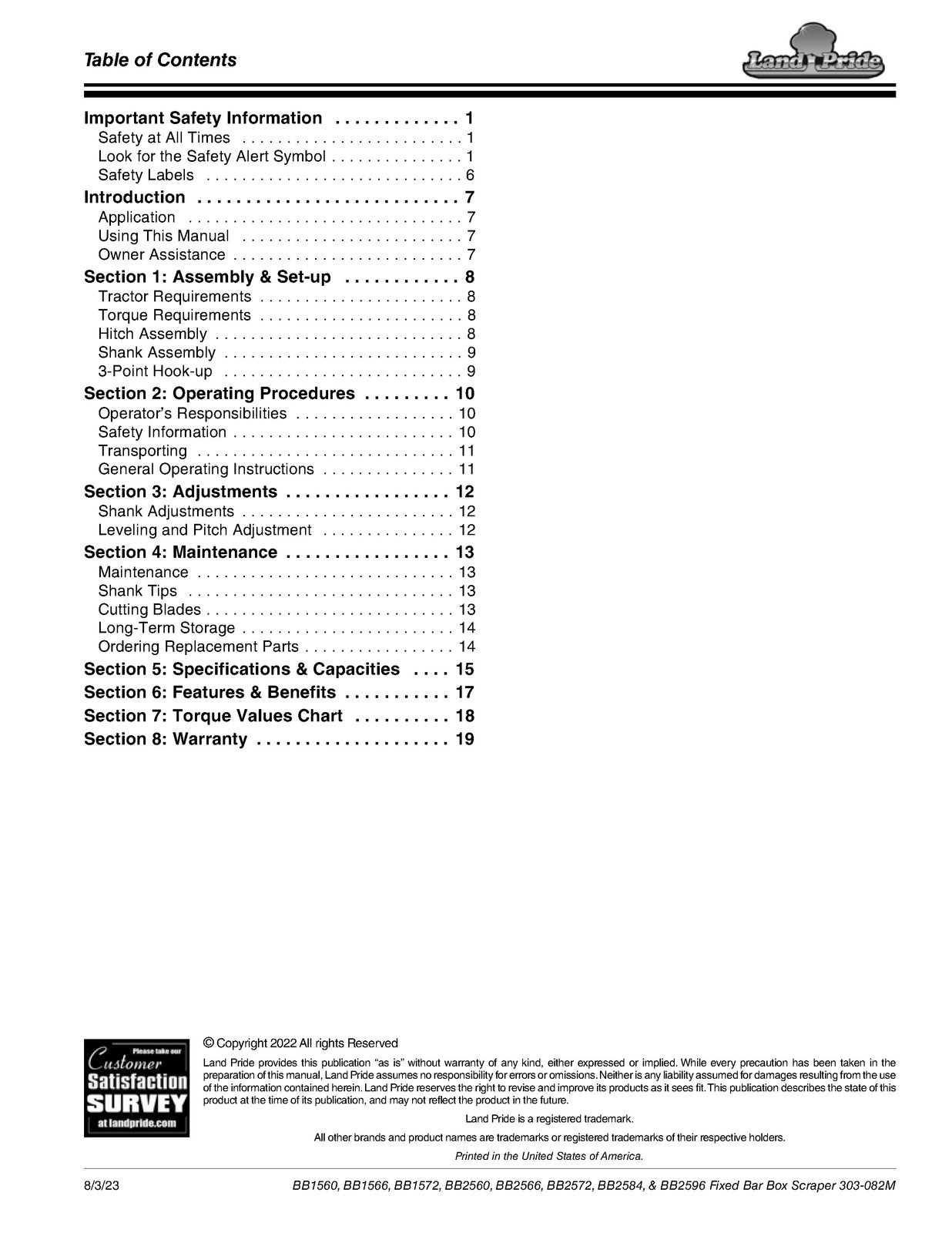 LAND PRIDE BB15 Series Box Scrapers Operators Manual - WIRE BOUND - TOUGH COVERS
