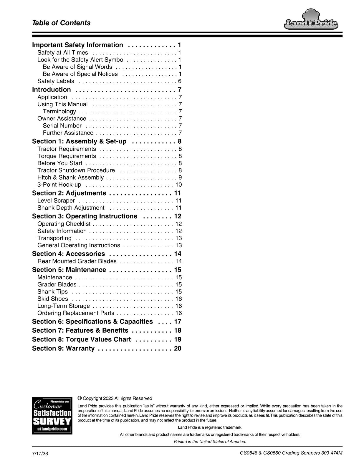 LAND PRIDE GS05 Series Grading Scrapers Operators Manual - WIRE BOUND - COVERS