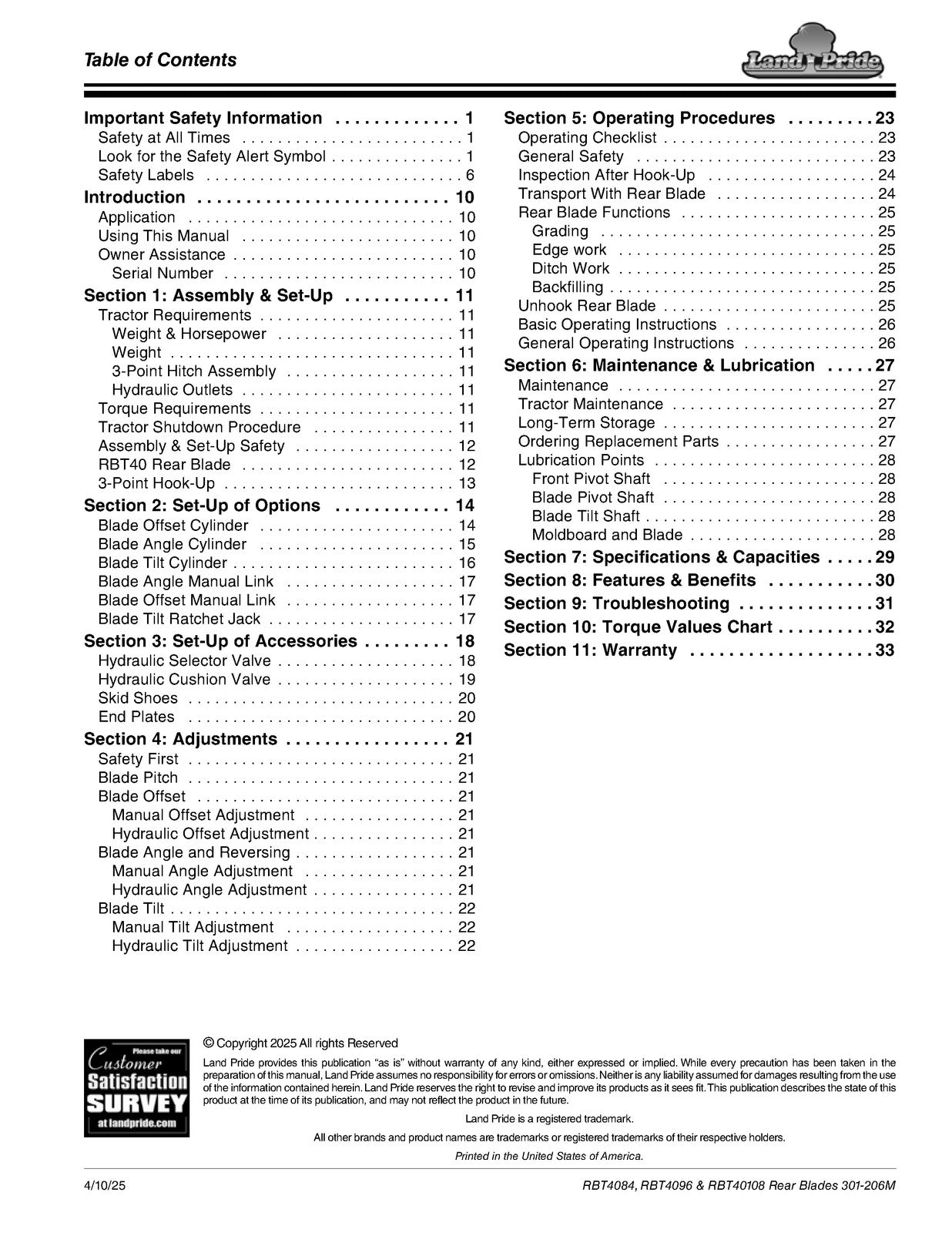 LAND PRIDE RBT4096 Series Rear Blades Operators Manual - WIRE BOUND - COVERS