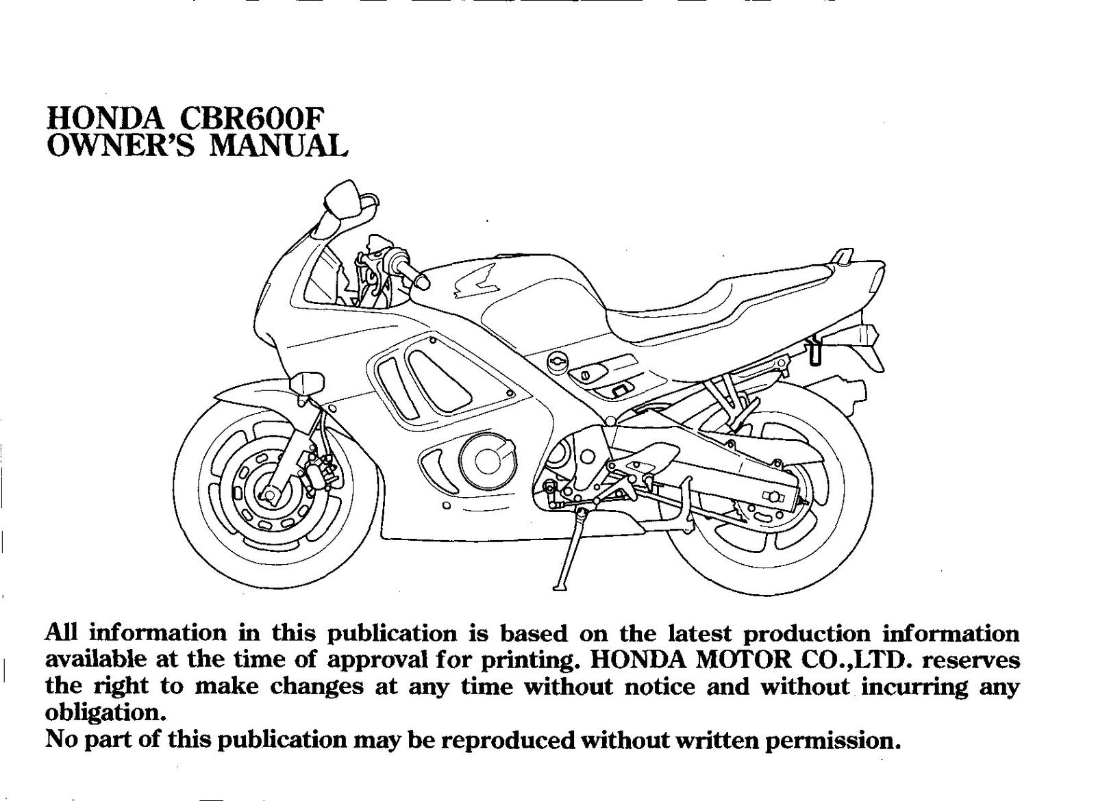 HONDA CBR600F Motorcycle Owners Manual 1994 - BOUND - COVERS - XL FOLDOUT PAGES