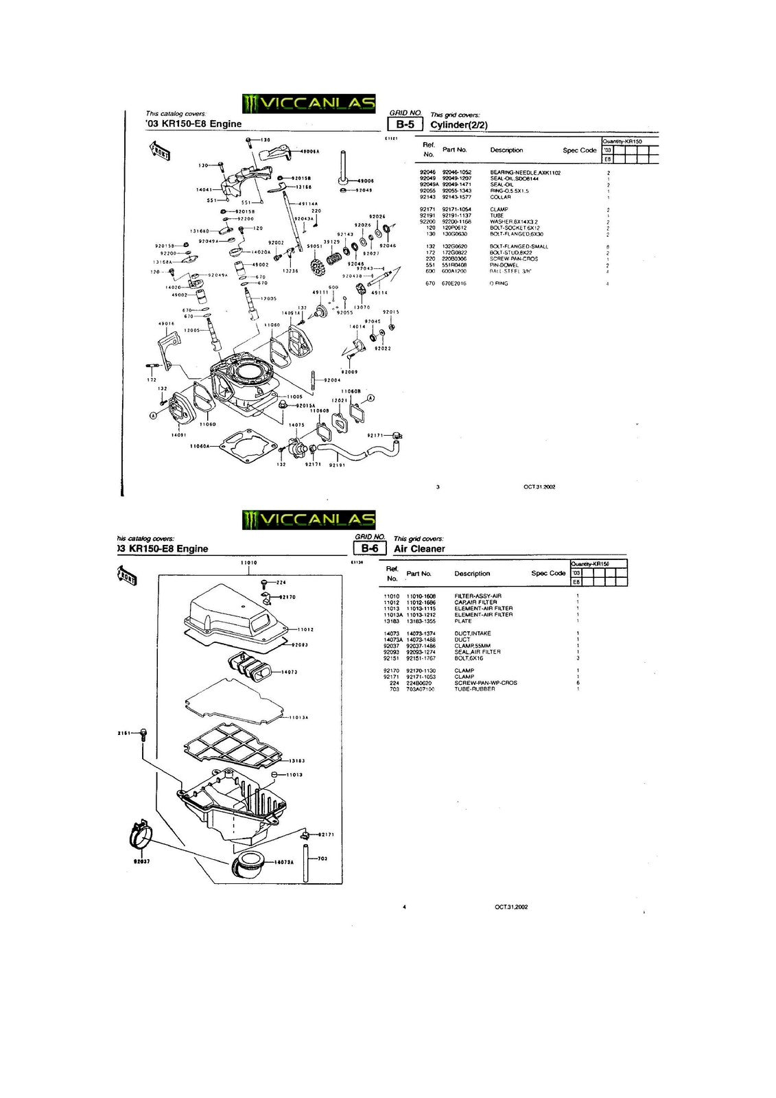 KAWASAKI KR150 Parts Catalog Manual 2003 - STEEL WIRE BOUND - PROTECTIVE COVERS