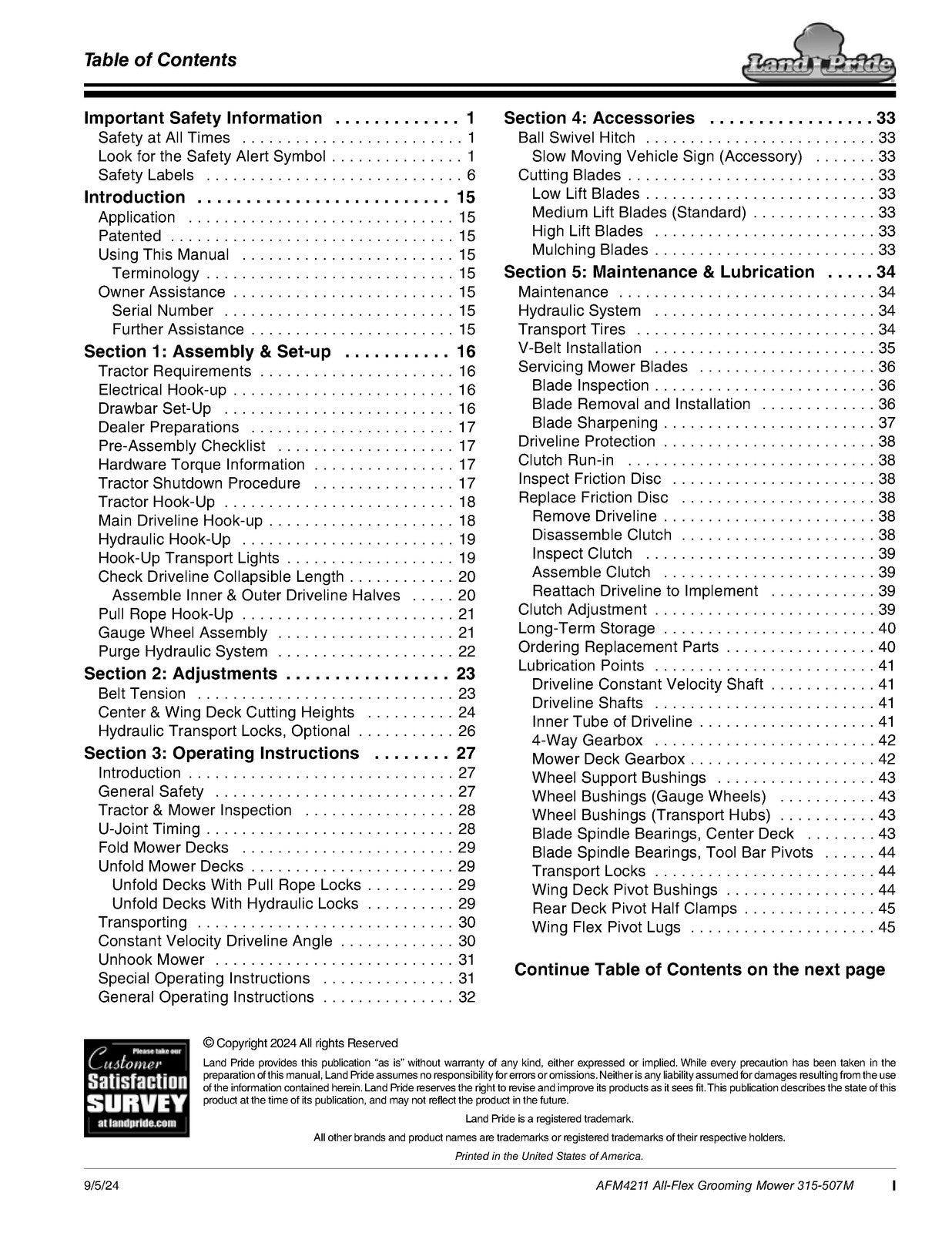 LAND PRIDE AFM4211 All-flex Mowers Operators Manual - WIRE BOUND - TOUGH COVERS