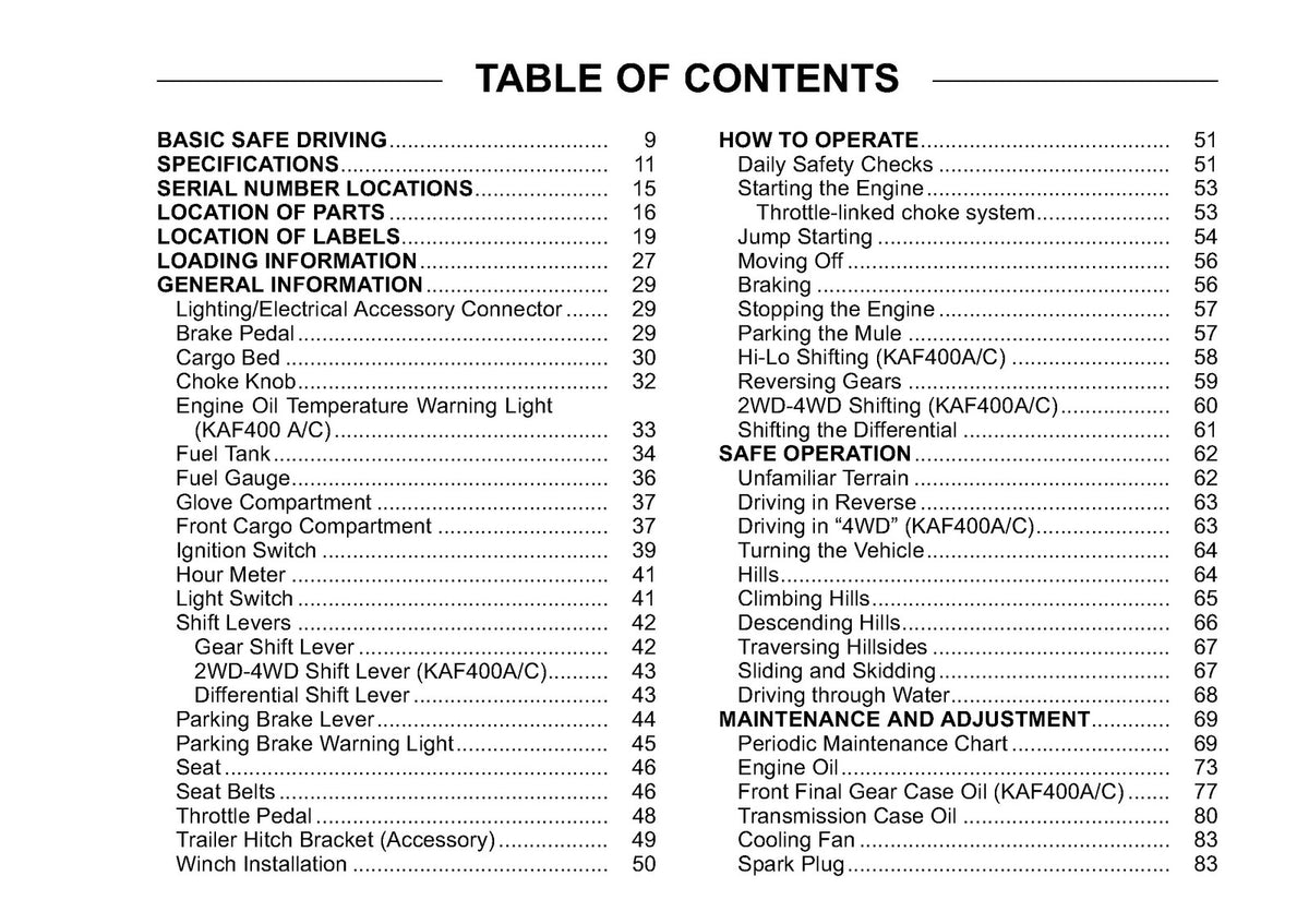 KAWASAKI Mule 600 Utility Vehicle Owners Manual 2010 - WIRE BOUND - TOUGH COVERS