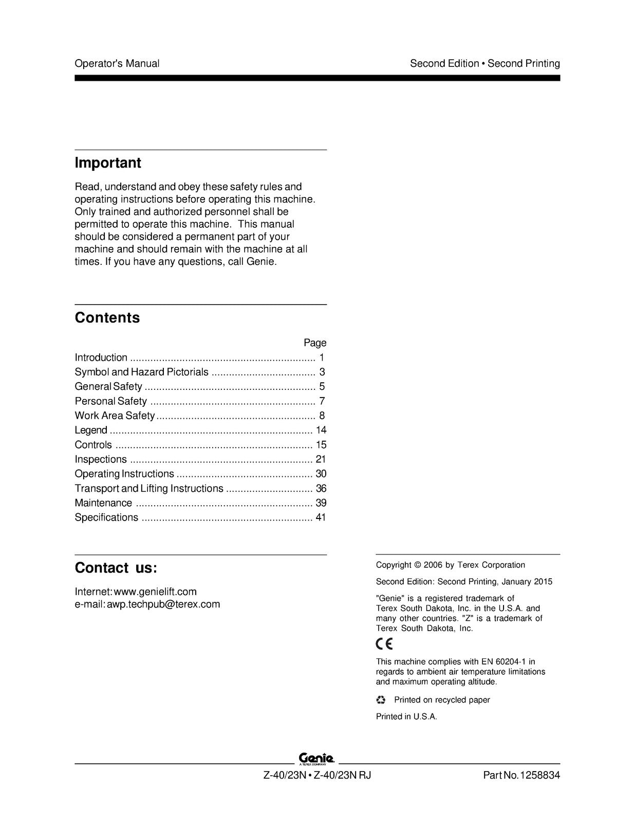 GENIE Z-4023N Z-4023N RJ Articulating Boom Lift Operators Manual 2006 - BOUND