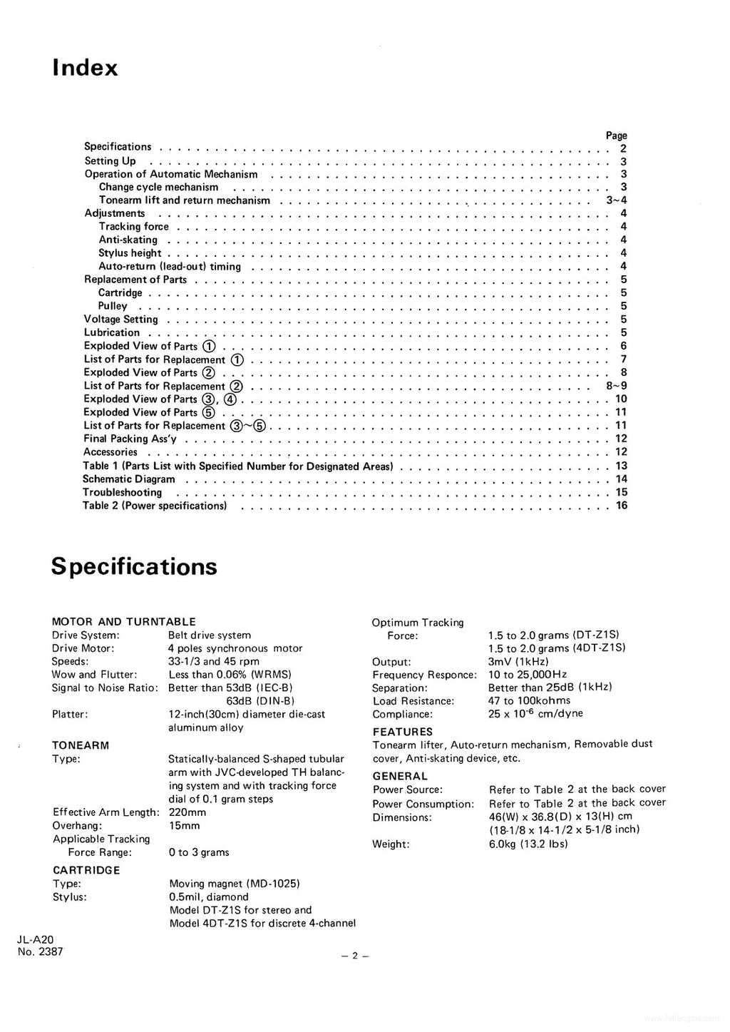 JVC JL-A20 Auto-Return Turntable Service Manual - WIRE BOUND - TOUGH COVERS