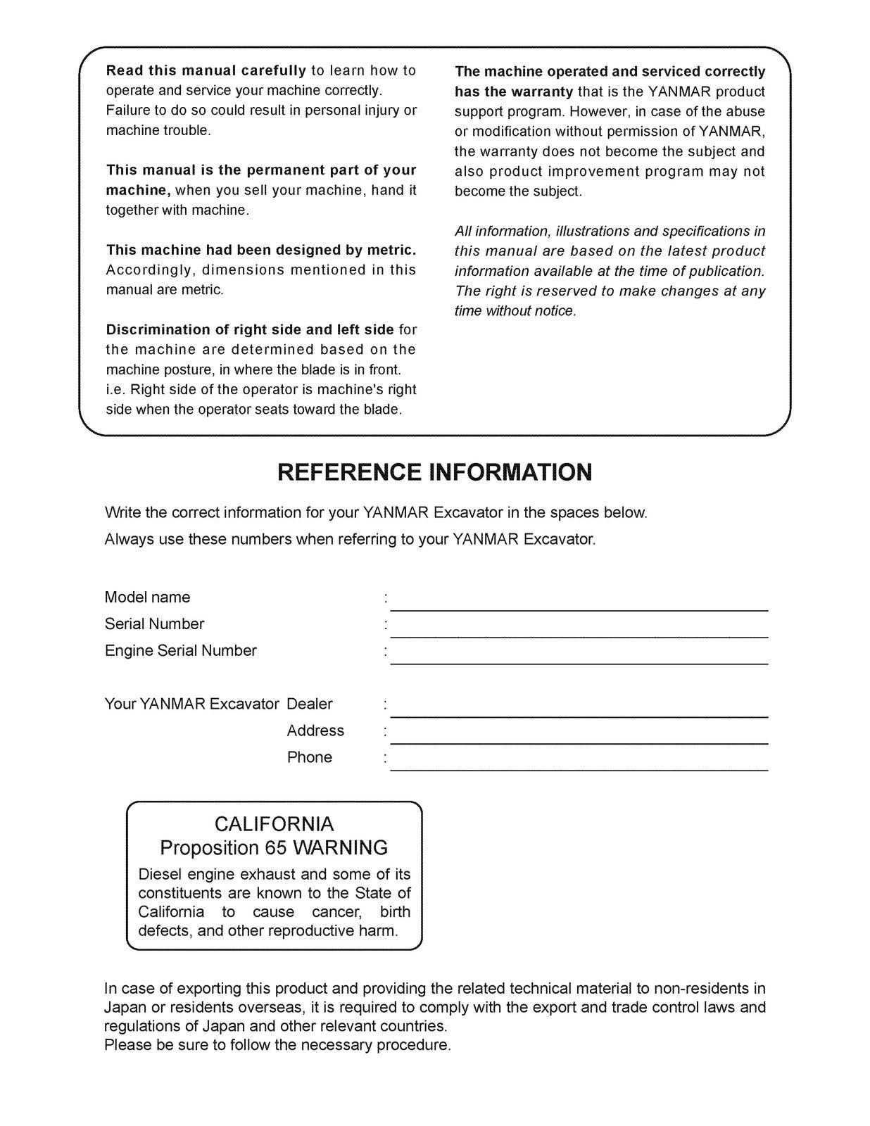 YANMAR ViO50-6A ViO55-6A Excavator Operation  Maintenance Manual - WIRE BOUND