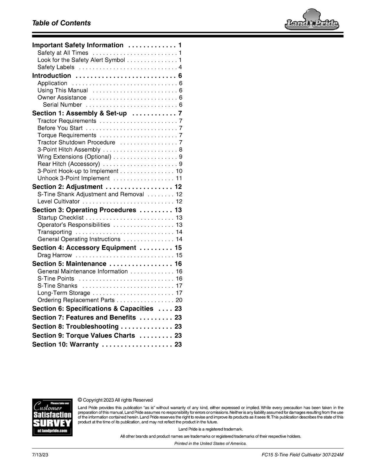 LAND PRIDE FC15 Series Field Cultivator Operators Manual - WIRE BOUND - COVERS