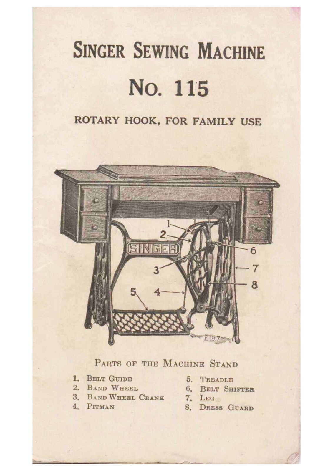 SINGER 115 Lock Stitch Rotary Hook Sewing Machine Manual 1915 - WIRE BOUND