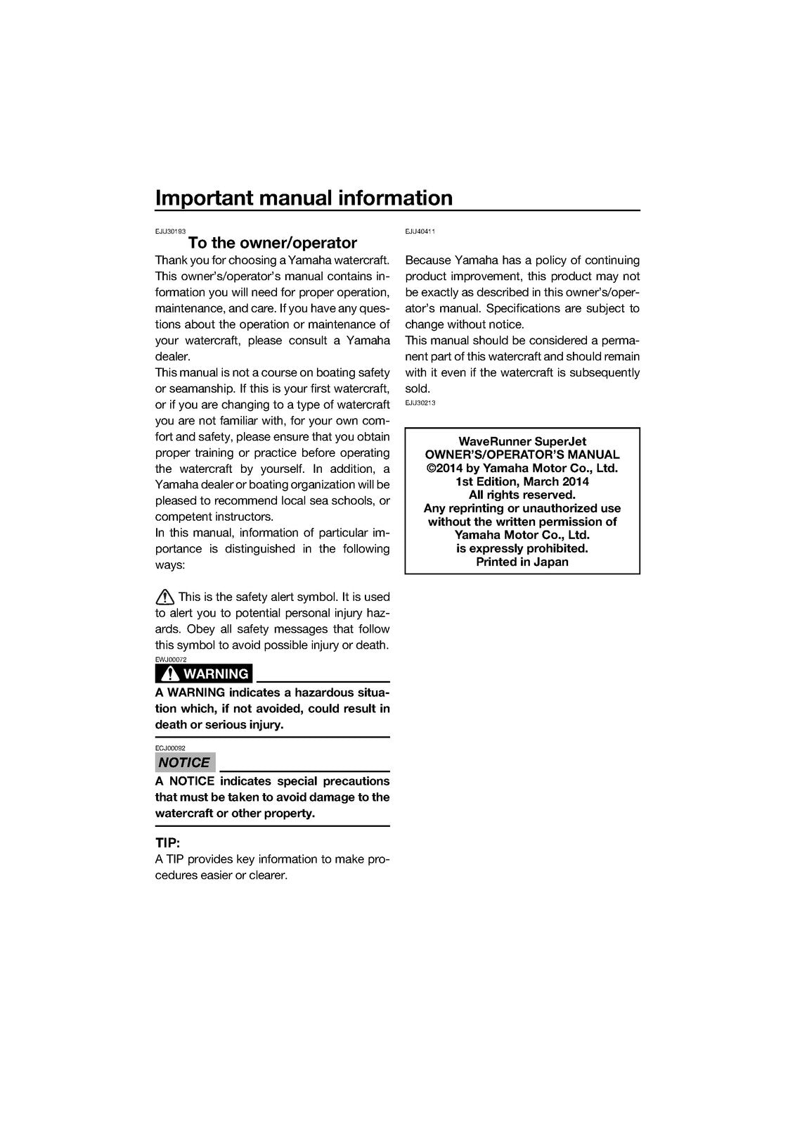 YAMAHA 2015 SuperJet WaveRunner Owners Operators Manual - WIRE BOUND - COVERS