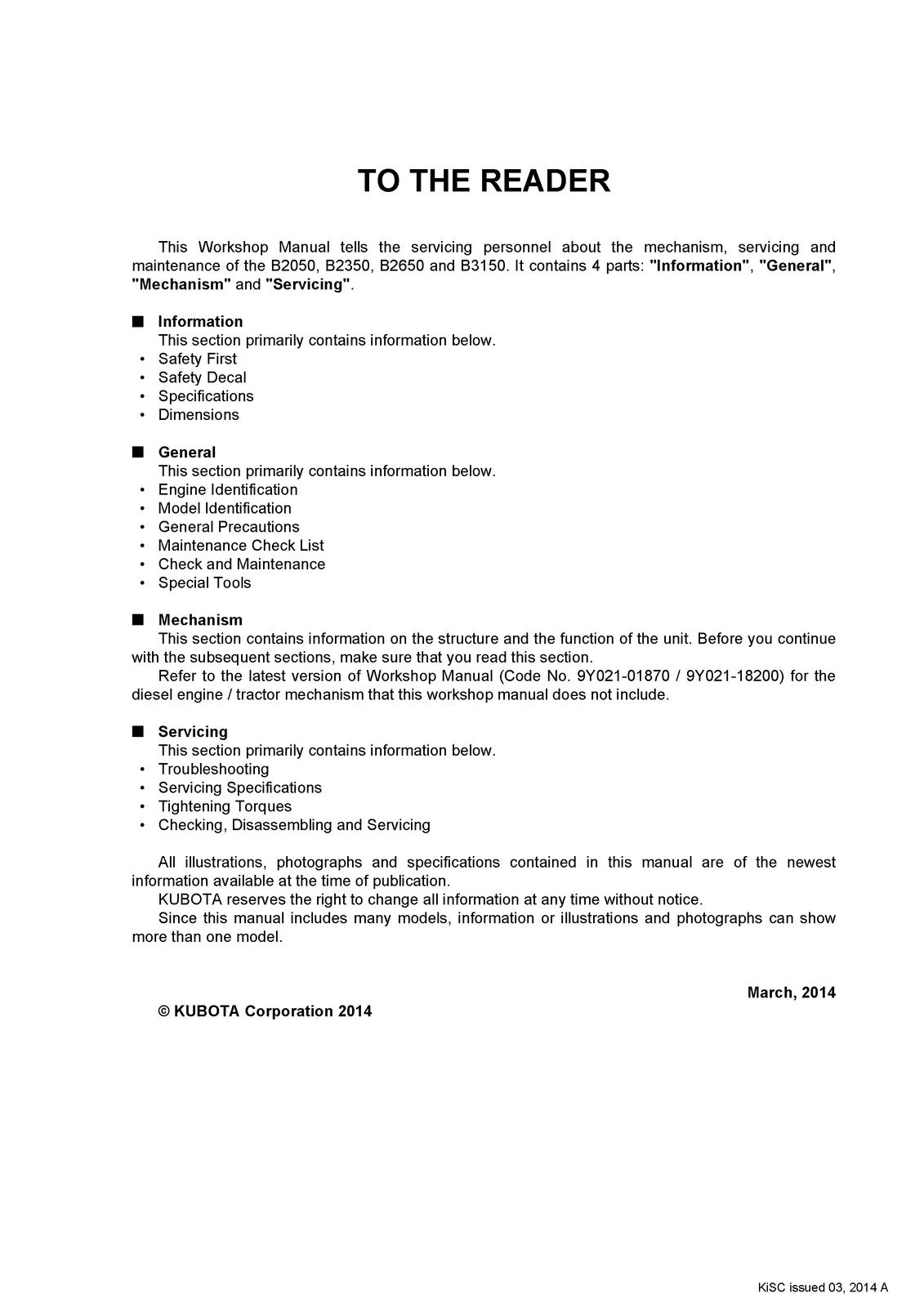 KUBOTA B2050 B2350 B2650 B3150 WORKSHOP MANUAL - BOUND - COVERS - XL FOLDOUTS