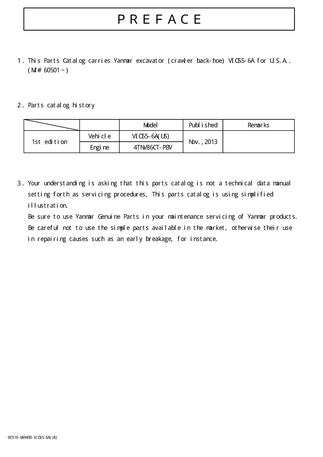 YANMAR ViO55-6A Excavator Parts Catalog Manual 2020 - WIRE BOUND - TOUGH COVERS