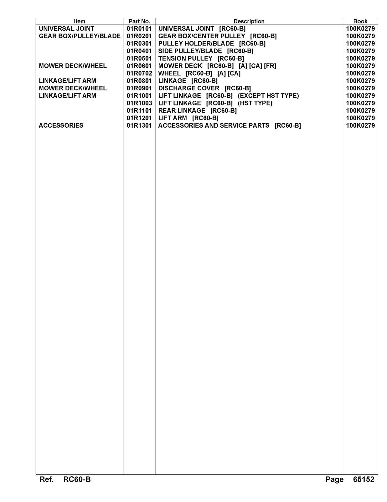 KUBOTA RC60-B Parts Manual - STEEL WIRE BOUND - PROTECTIVE COVERS