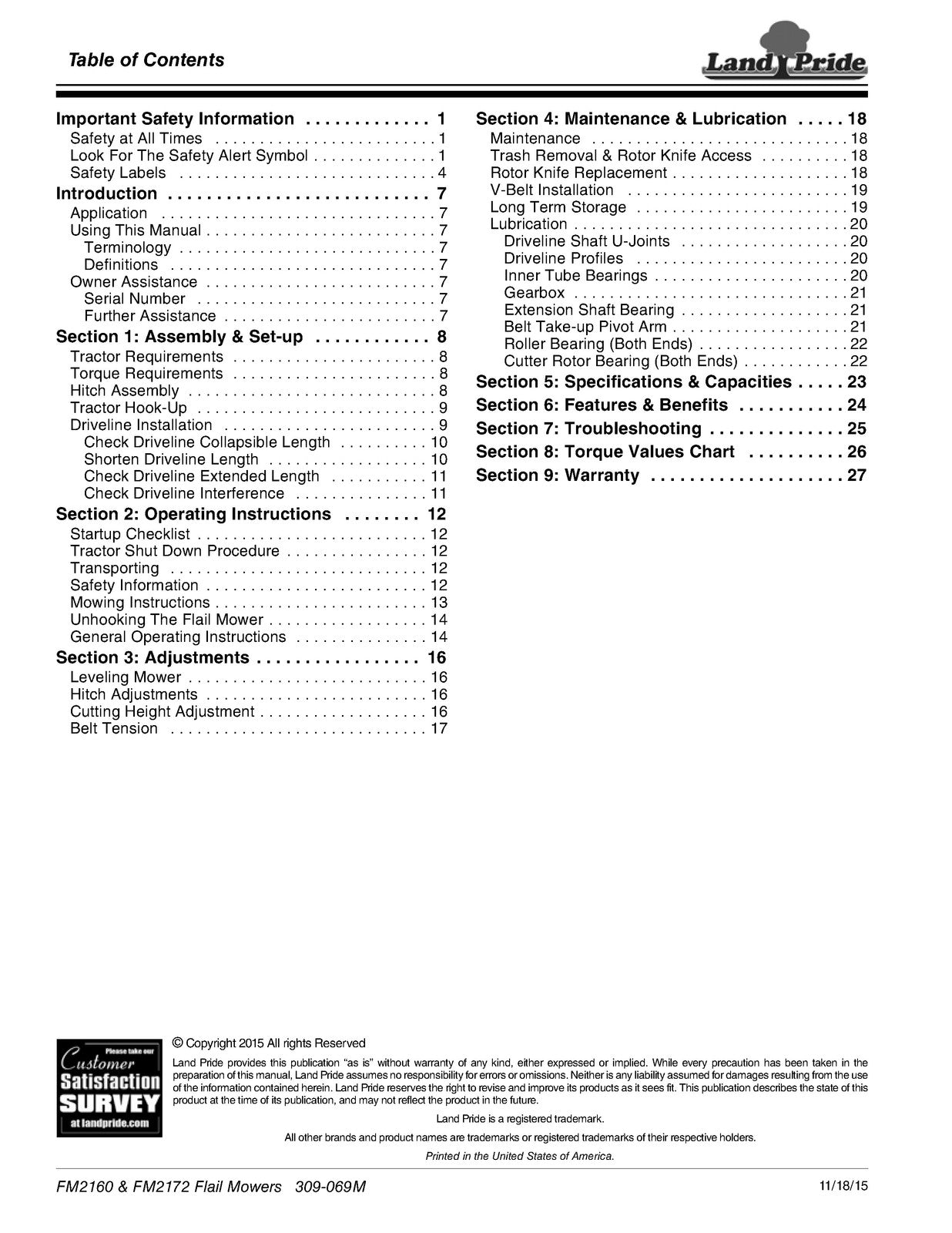LAND PRIDE FM2160 FM2172 Flail Mowers Operators Manual 2015 - WIRE BOUND