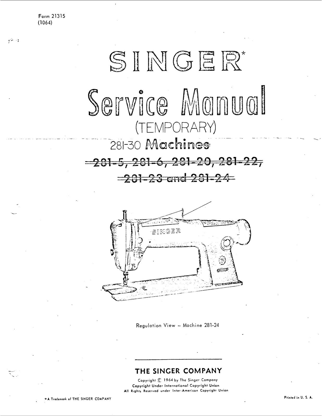 SINGER 281-30 Sewing Machine Service Manual - STEEL WIRE BOUND - TOUGH COVERS