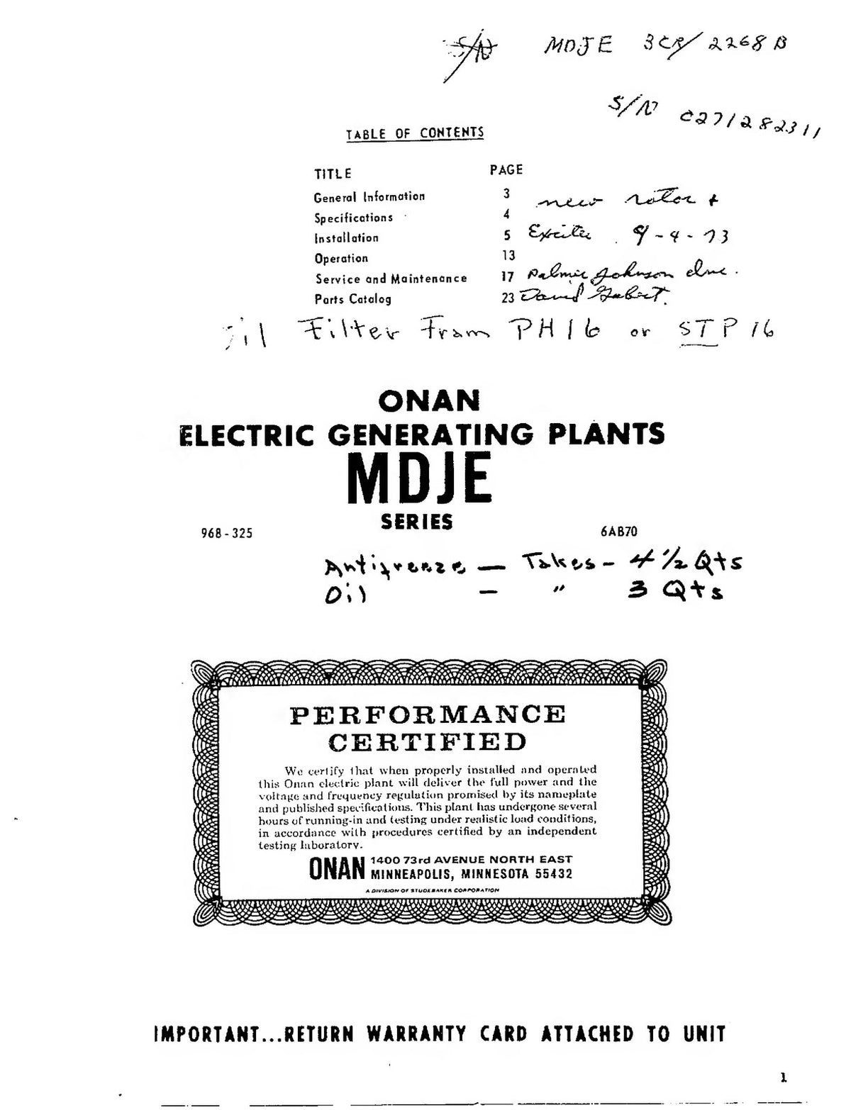 ONAN MDJE MDJC MDJF MDKC MDKD Operators And Parts Manual - WIRE BOUND - COVERS