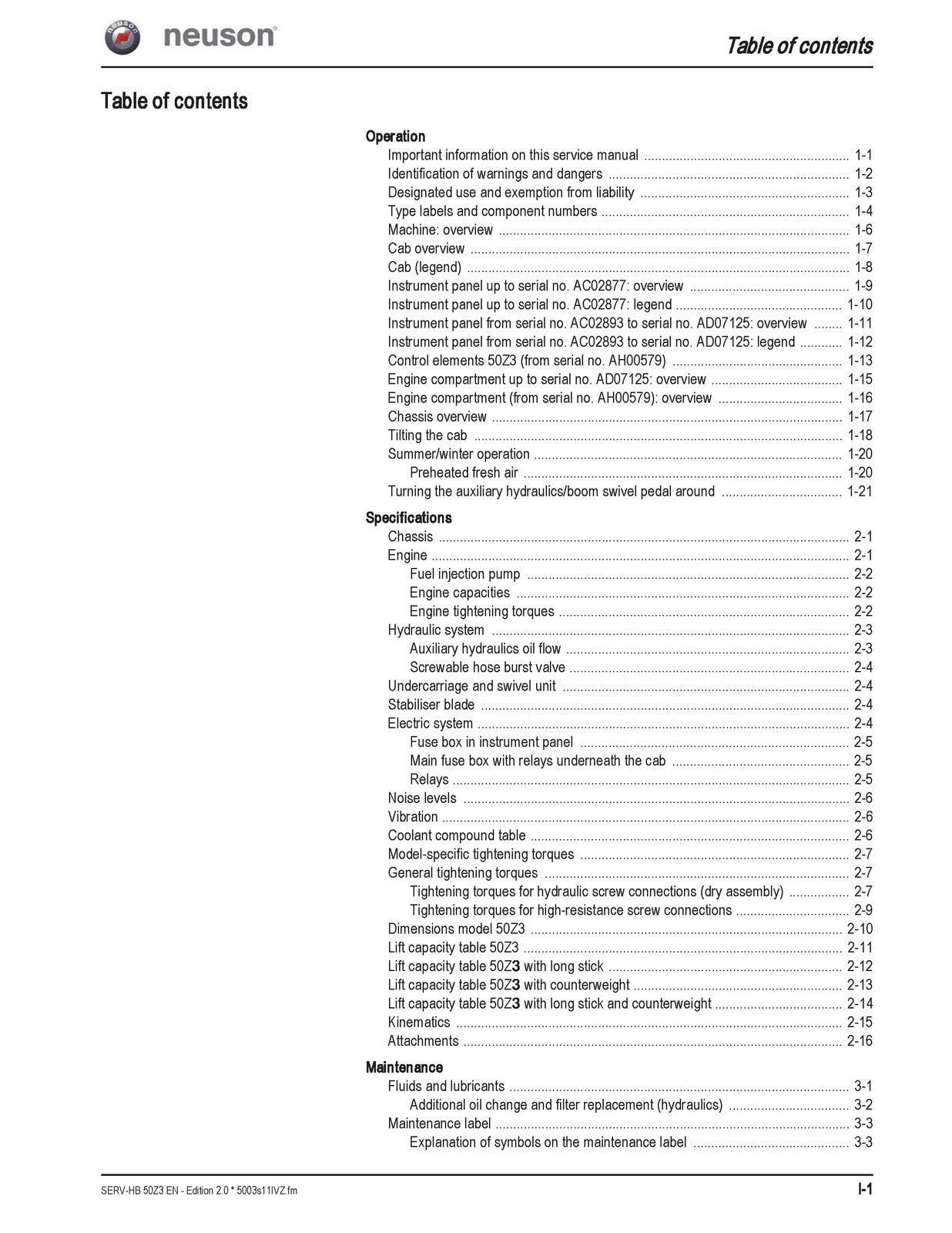 NEUSON 50Z3 Track Excavator Service Manual Edition 20 - WIRE BOUND - COVERS