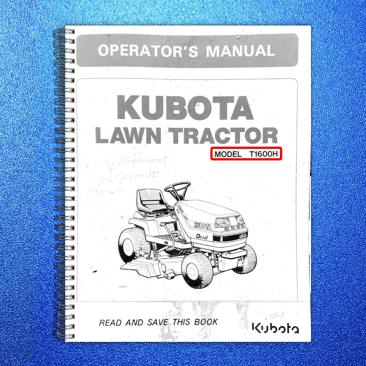 KUBOTA T1600H Lawn Tractor Operators & Parts Manual BUNDLE - WIRE BOUND - COVERS
