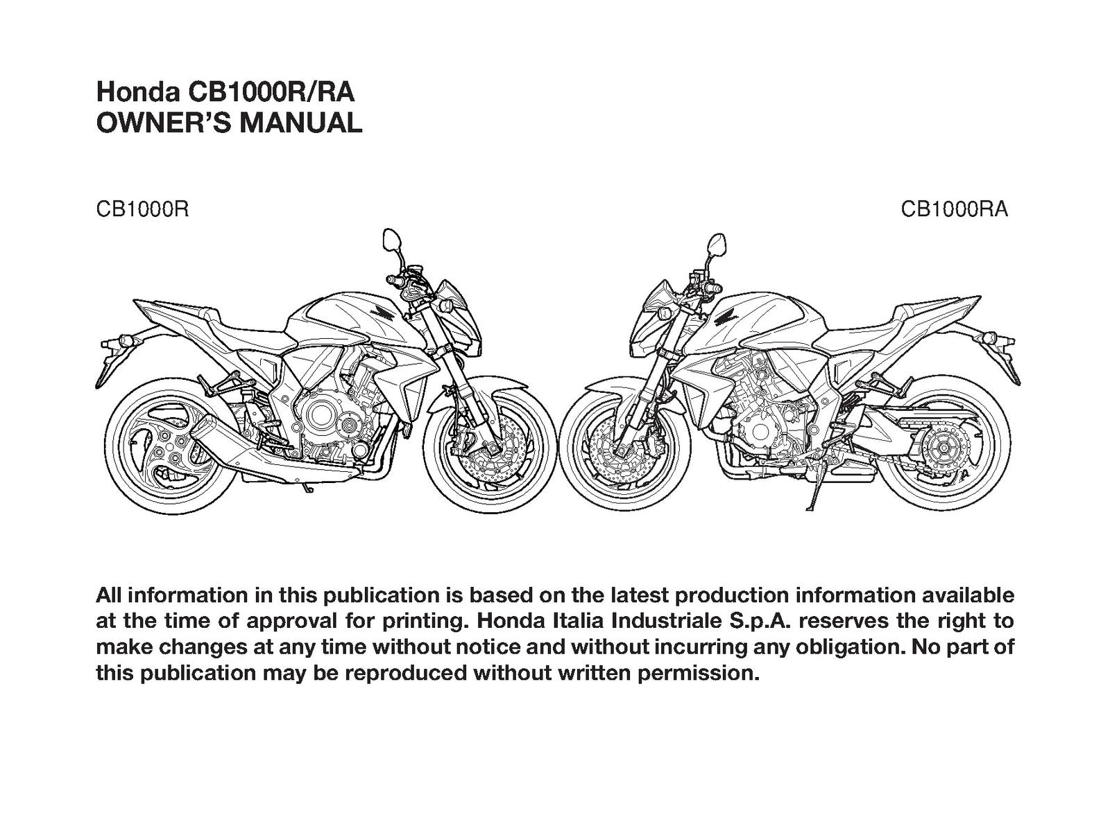 HONDA CB1000R CB1000RA Owners Manual 2009 - STEEL WIRE BOUND - PROTECTIVE COVERS