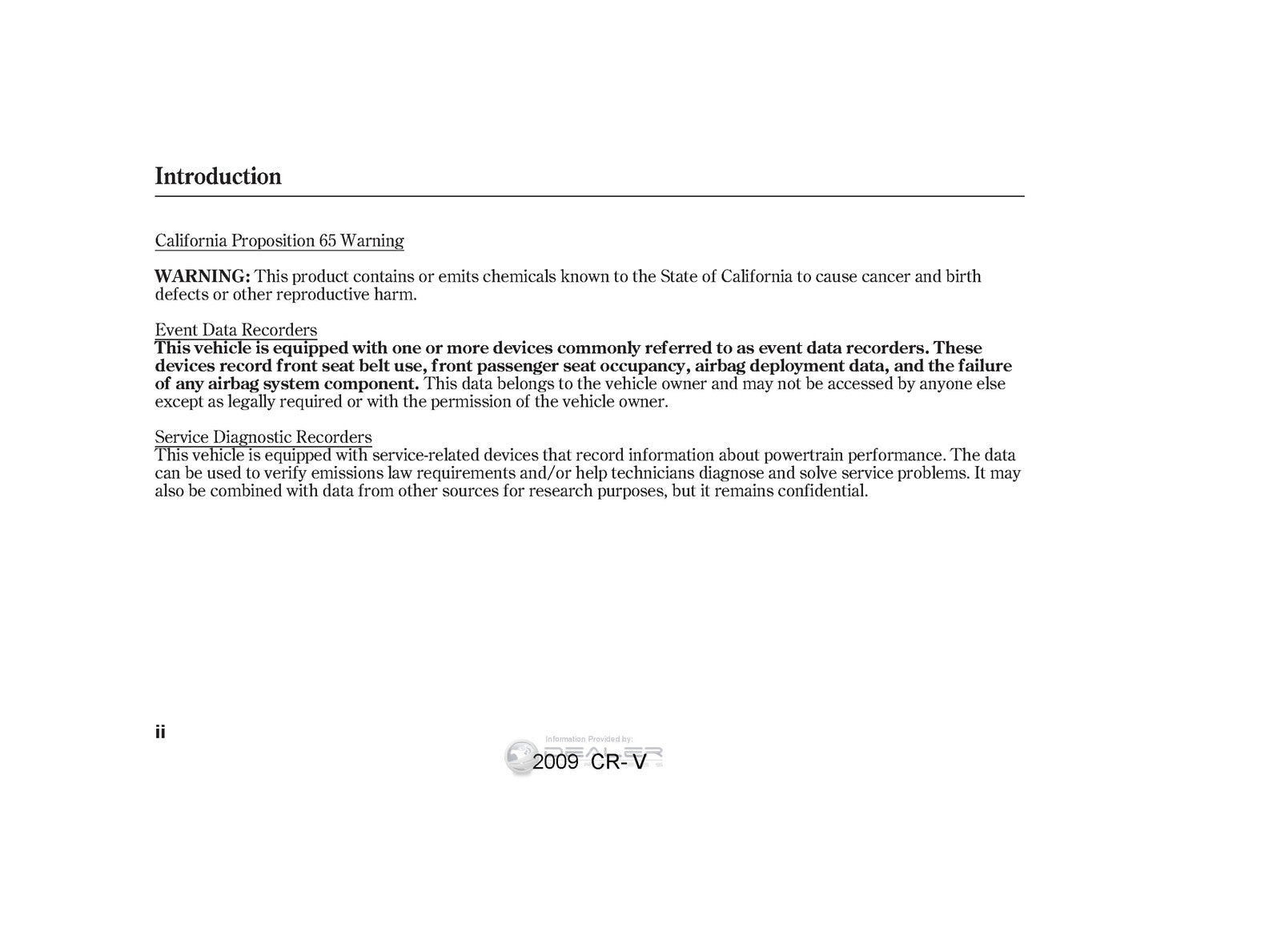 HONDA 2009 CR-V Owners Manual - STEEL WIRE BOUND - PROTECTIVE COVERS