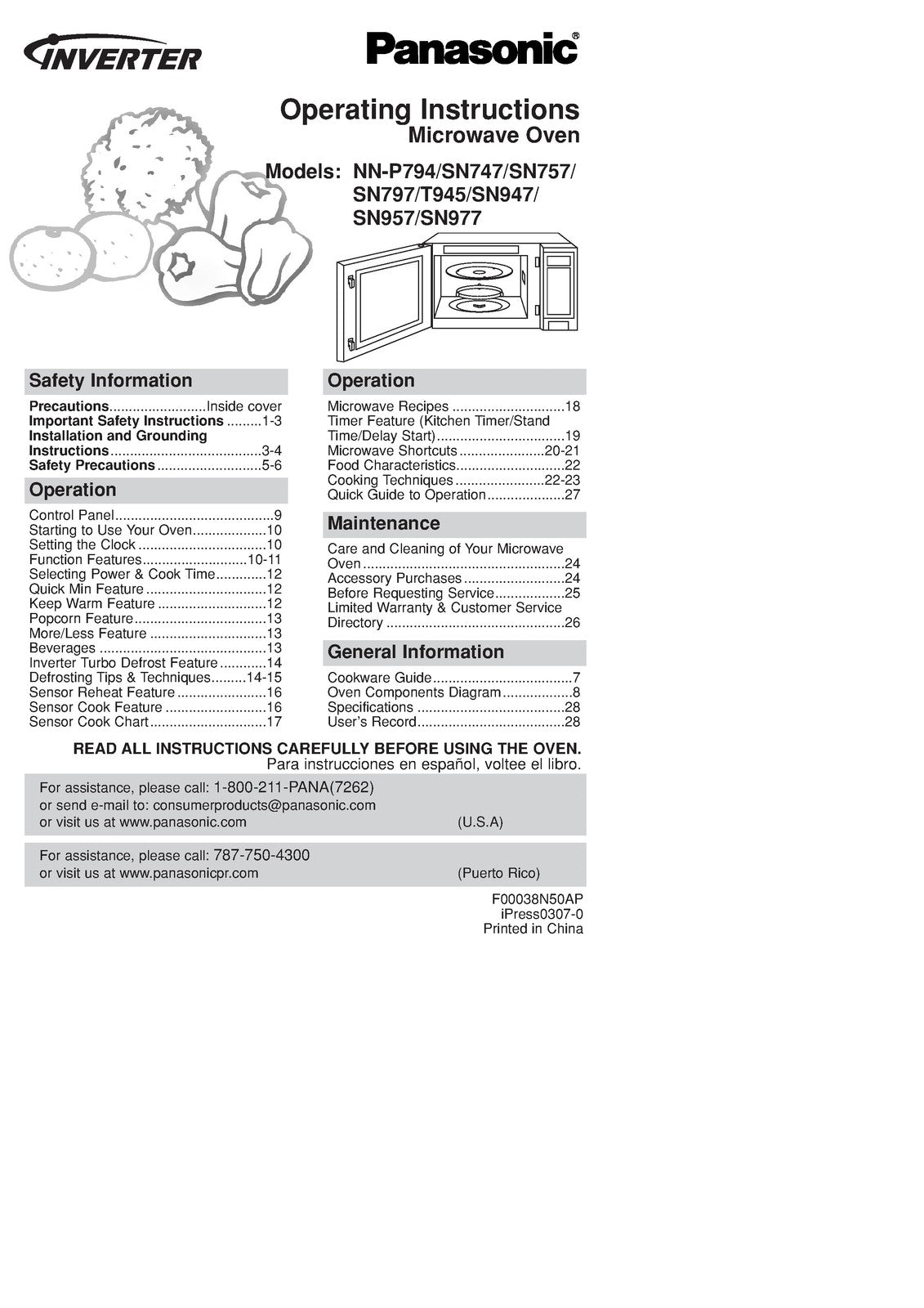PANASONIC NN-T9455SF NN-T945SF Microwave Operating Instructions Manual - BOUND