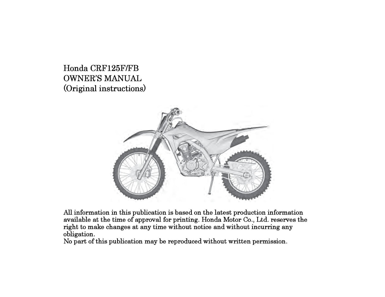HONDA CRF125F CRF125FB Owners Manual 2019 - STEEL WIRE BOUND - PROTECTIVE COVERS