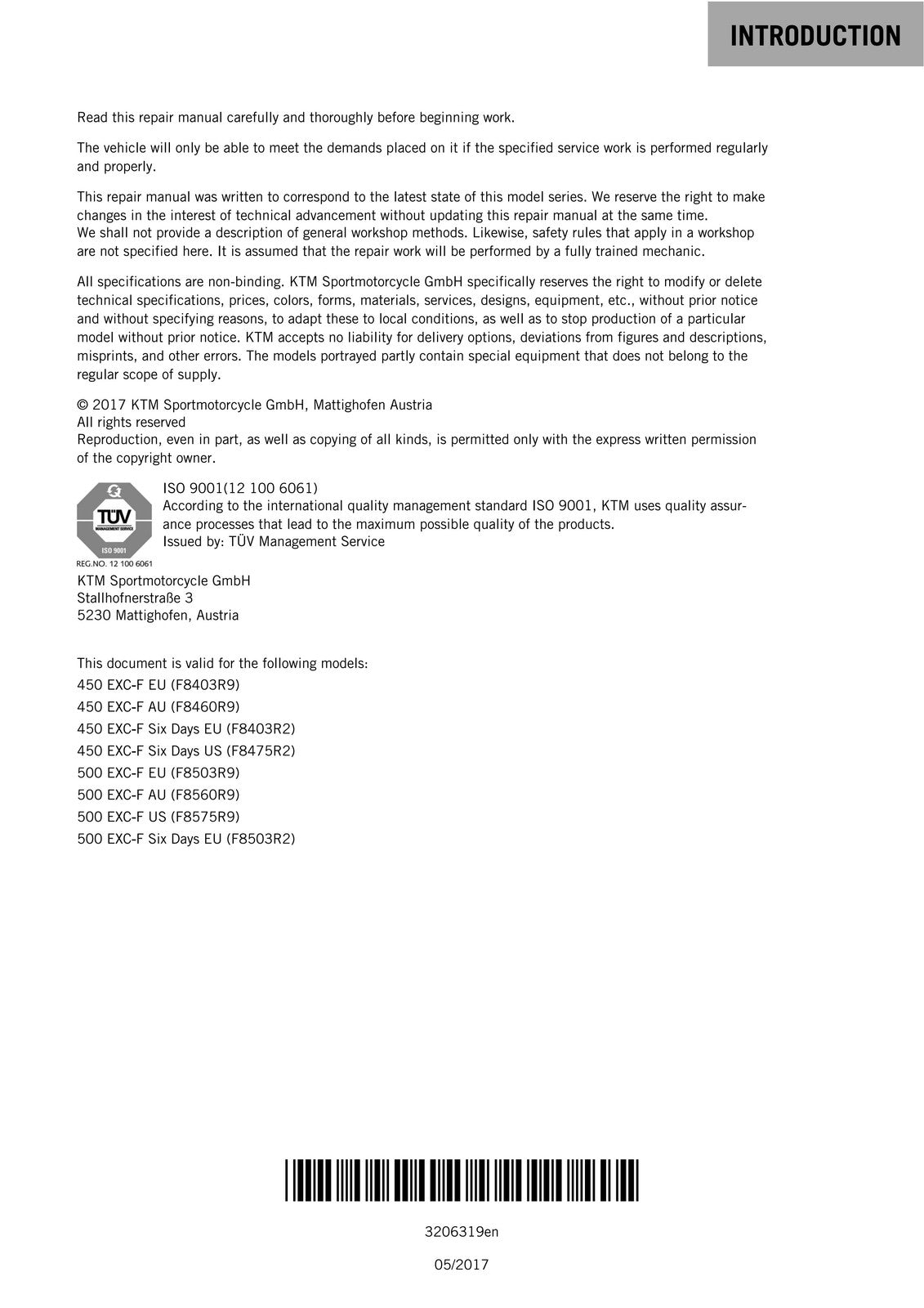 KTM 450 EXC XC-W Six Days Service Repair Manual 2018 - WIRE BOUND - TOUGH COVERS