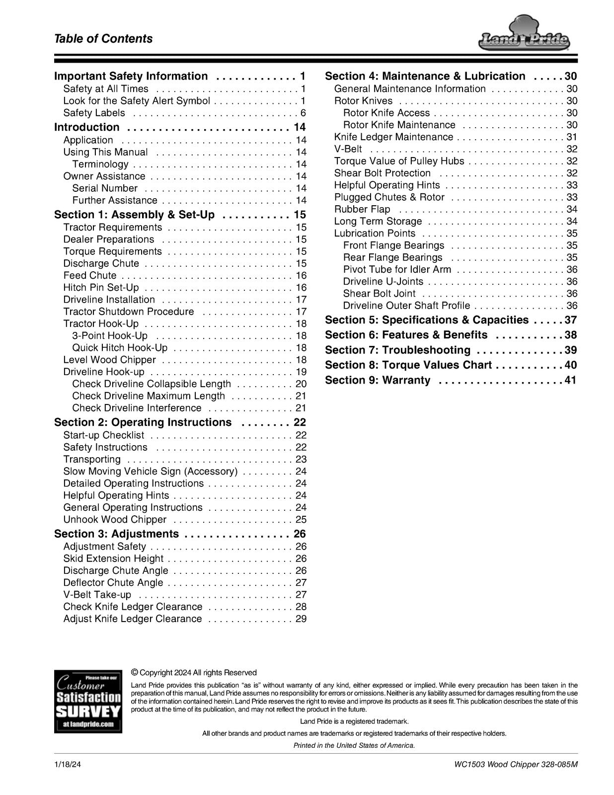 LAND PRIDE WC1503 Wood Chippers Operators Manual - WIRE BOUND - TOUGH COVERS