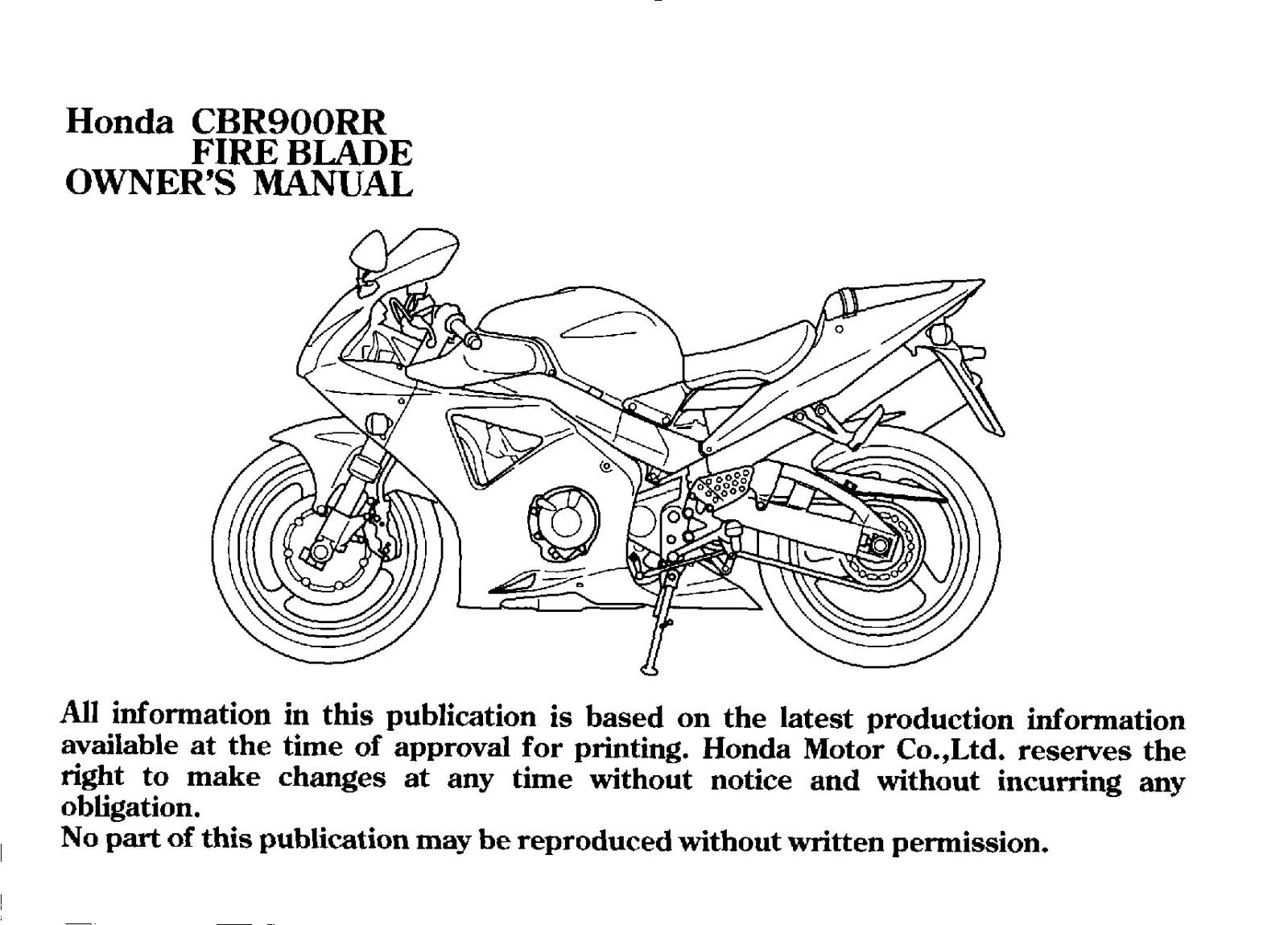 HONDA CBR900RR Fire Blade Owners Manual 2001 - BOUND - COVERS - XL FOLDOUT PAGES