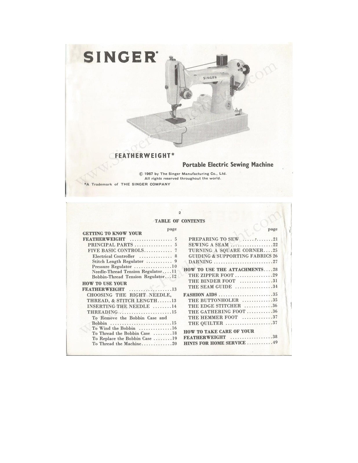 SINGER Featherweight 221 Sewing Machine Instruction Manual 1967 - WIRE BOUND