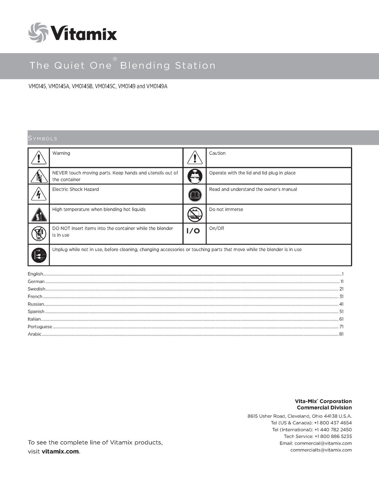 VITAMIX The Quiet One Blender Series VM0145 A B C VM0149 A Manual, BOUND, COVERS