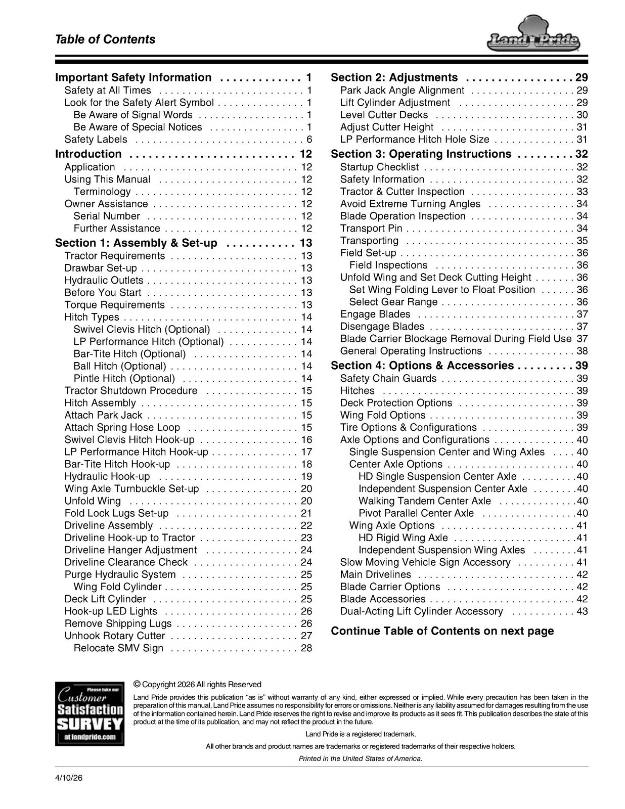 LAND PRIDE RC4710 Rotary Cutters Operators Manual - WIRE BOUND - TOUGH COVERS