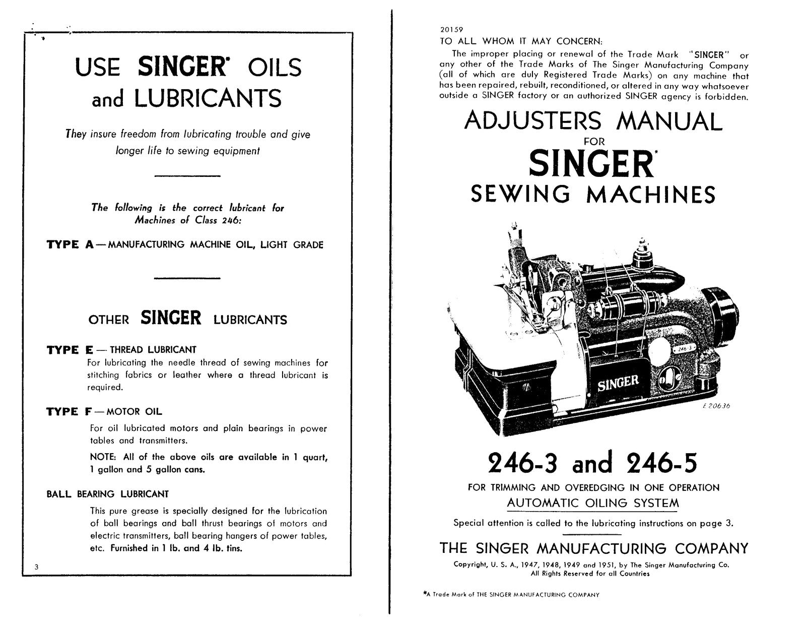 SINGER 246-3 246-5 Sewing Machine Service Manual - WIRE BOUND - TOUGH COVERS