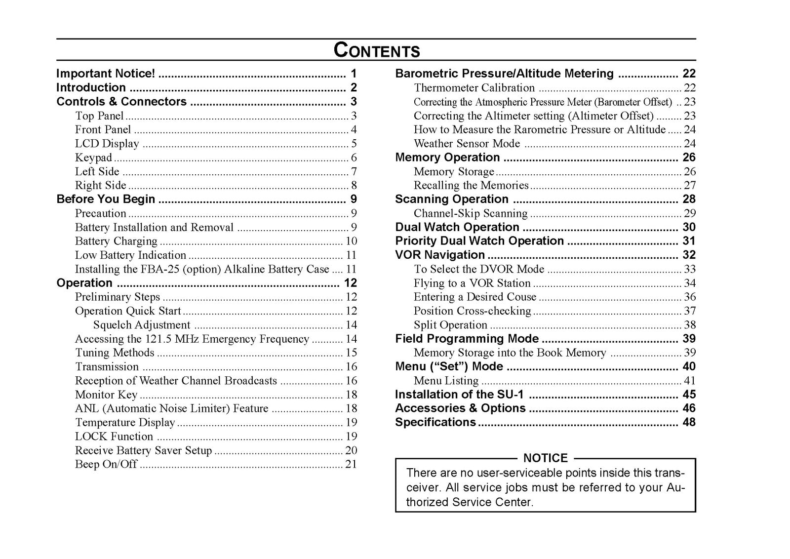 VERTEX STANDARD VXA-210 Air Band Transceiver Operating Manual - WIRE BOUND