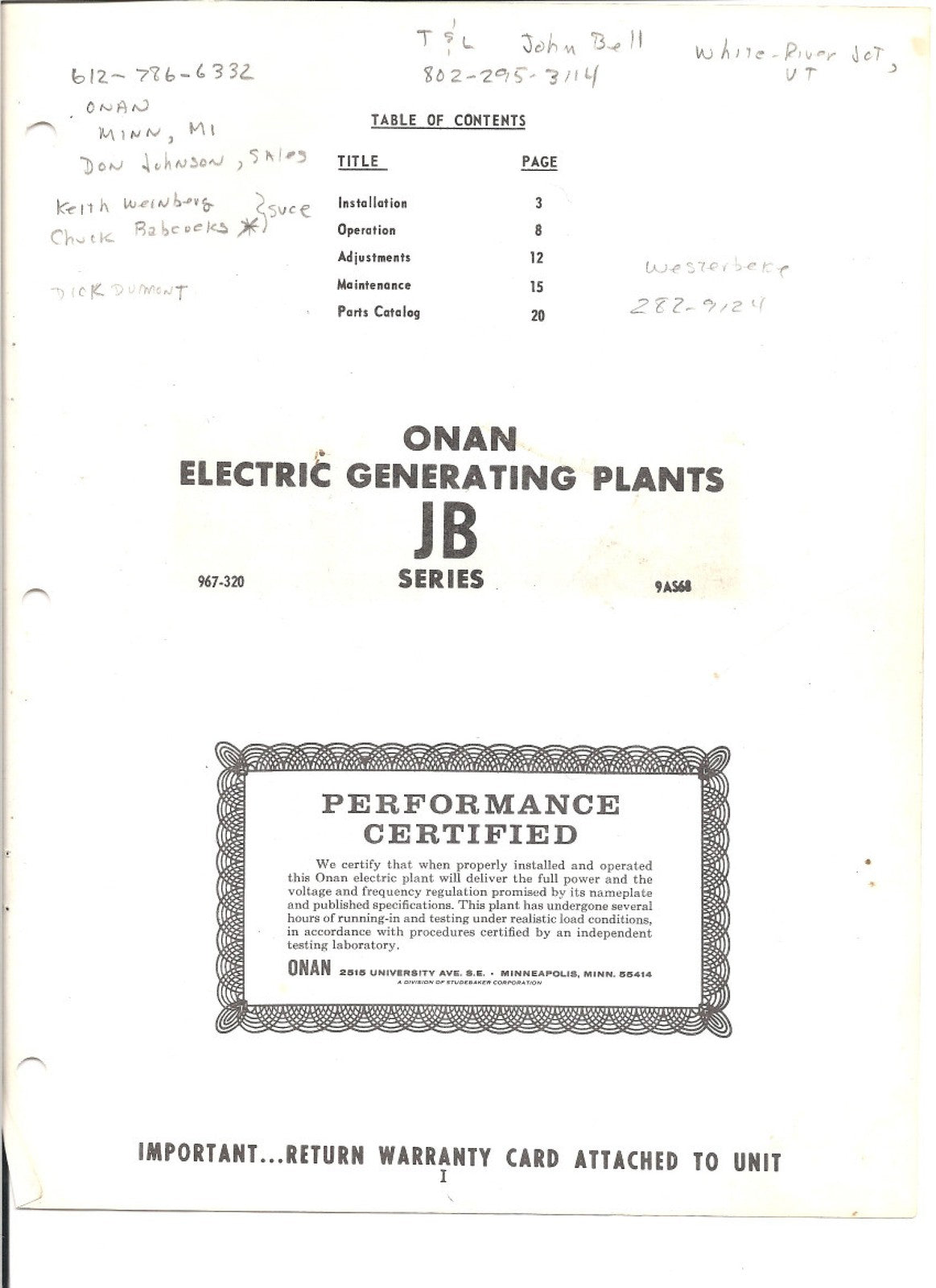 ONAN JB Series Genset Operators And Parts Manual - WIRE BOUND - TOUGH COVERS