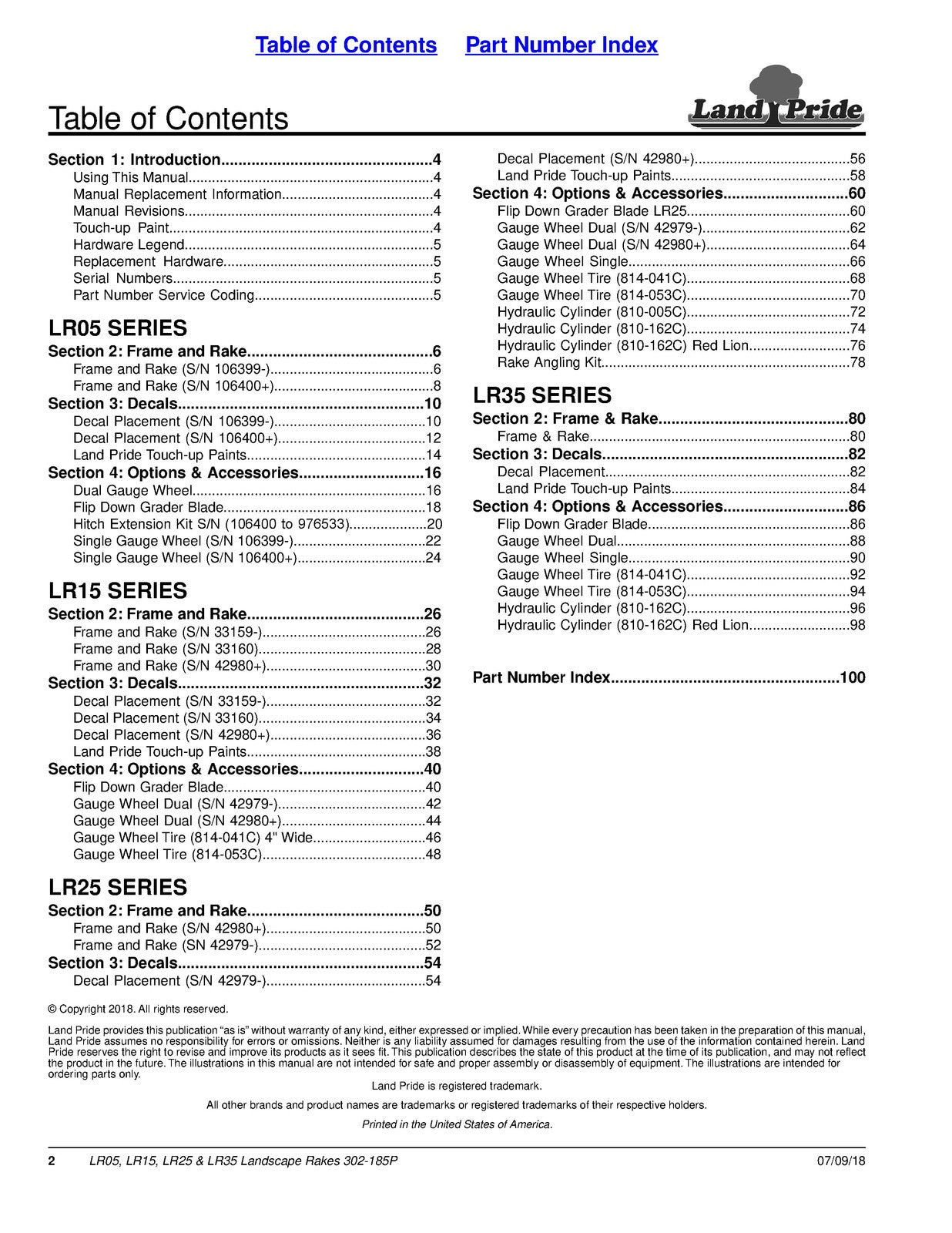 LAND PRIDE LR05 Series Landscape Rakes Parts Manual 2018 - WIRE BOUND - COVERS