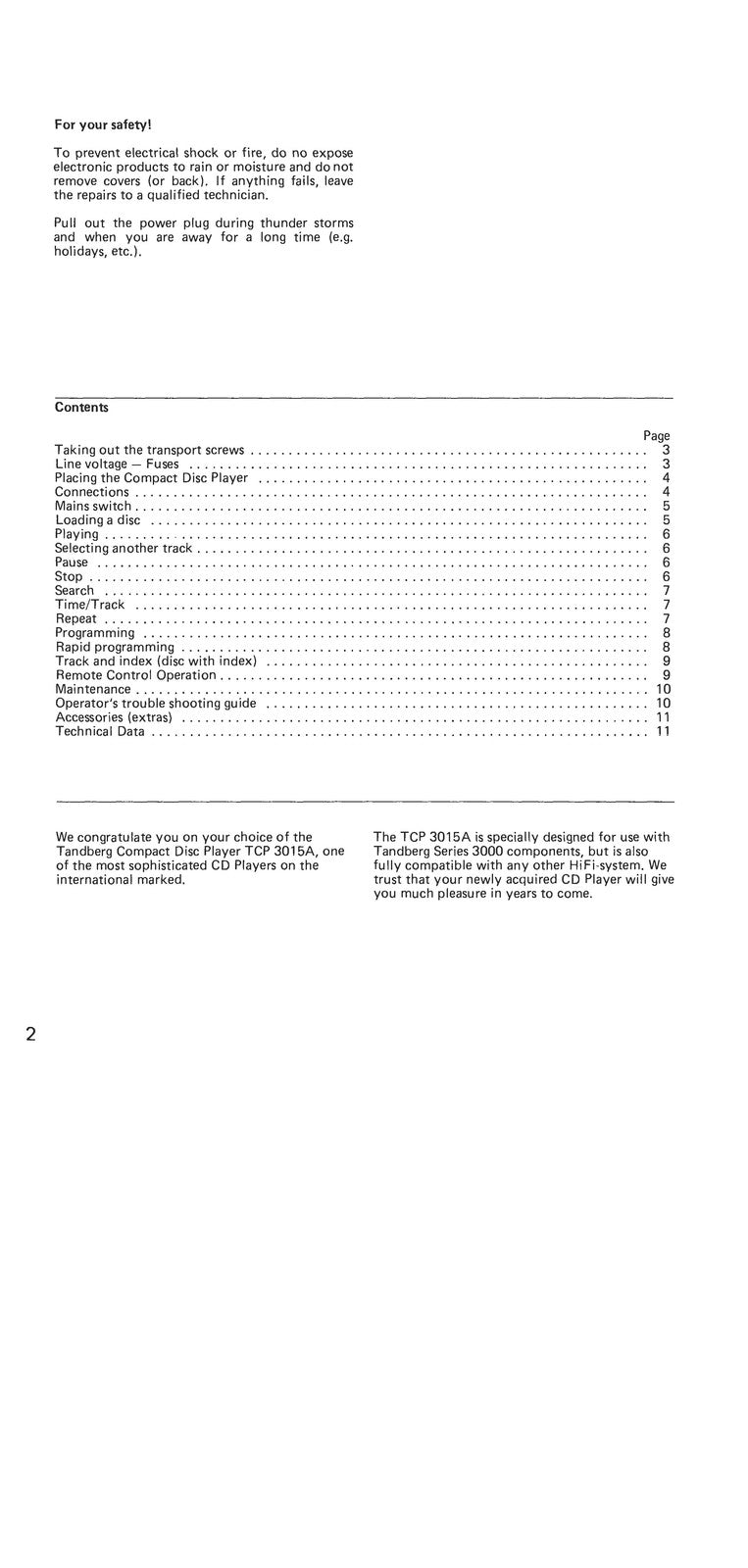 TANDBERG TCP 3015A CD Player Operating Instructions Manual - WIRE BOUND - COVERS