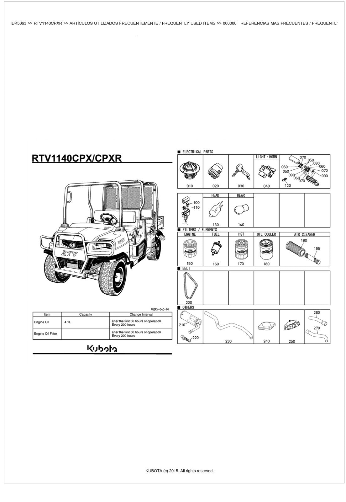 KUBOTA RTV1140CPX CPXR 2015 Illustrated Parts Manual - WIRE BOUND - TOUGH COVERS