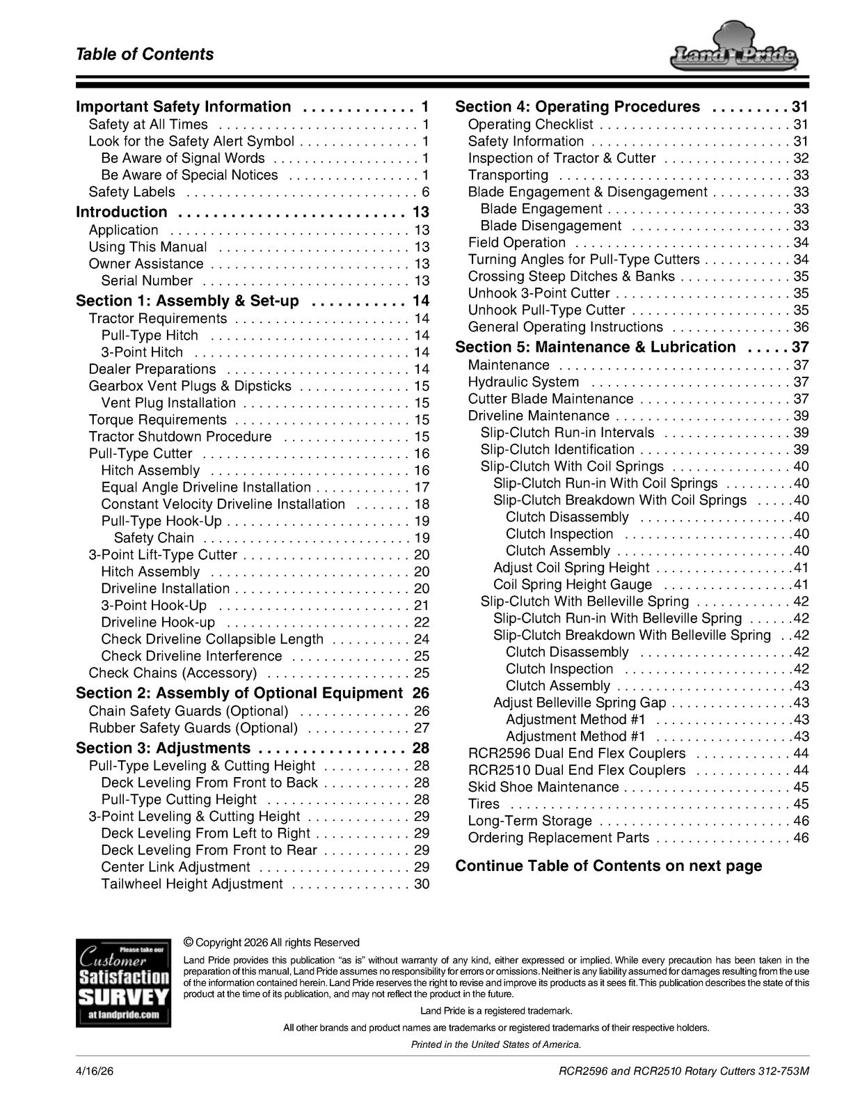 LAND PRIDE RCR2596 RCR2510 Rotary Cutters Operators Manual 2026 - WIRE BOUND