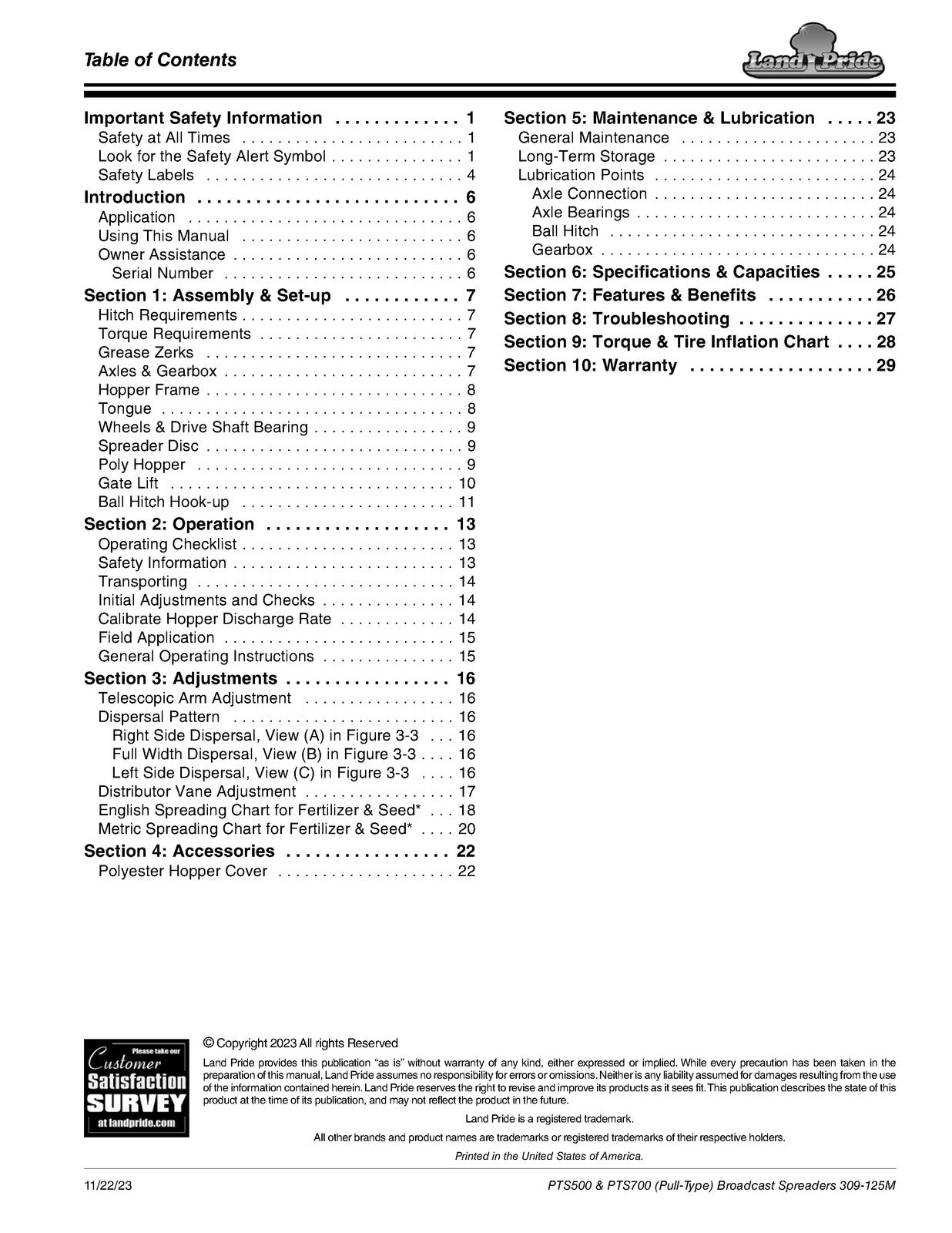 LAND PRIDE PTS Series Pull-type Spreaders Operators Manual - WIRE BOUND - COVERS
