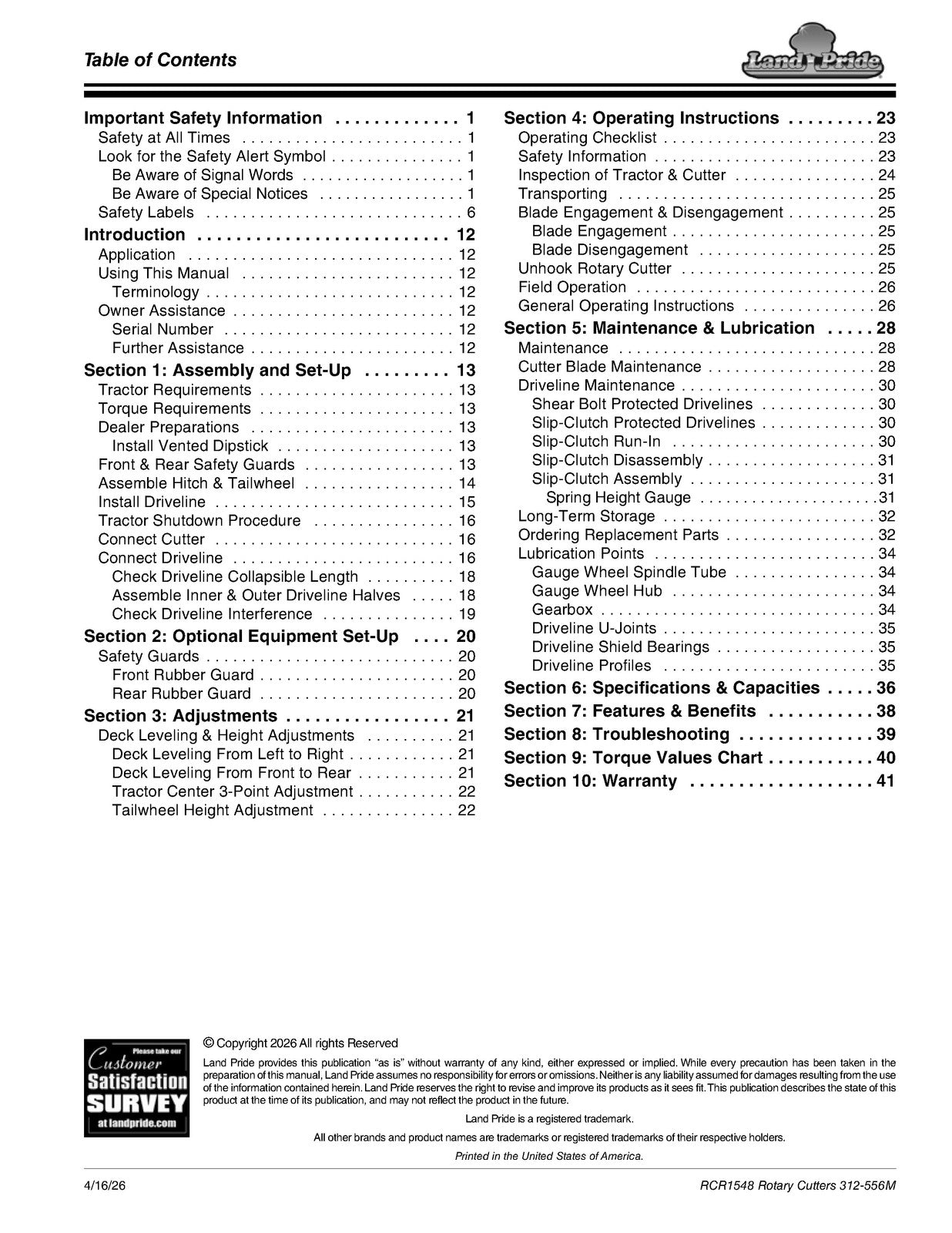 LAND PRIDE RCR1548 Rotary Cutter Operators Manual 2026 - WIRE BOUND - COVERS