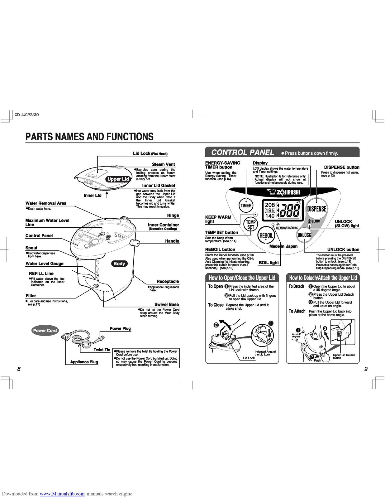 ZOJIRUSHI CD-JUC22 CD-JUC30 Operating Instructions Manual - WIRE BOUND - COVERS