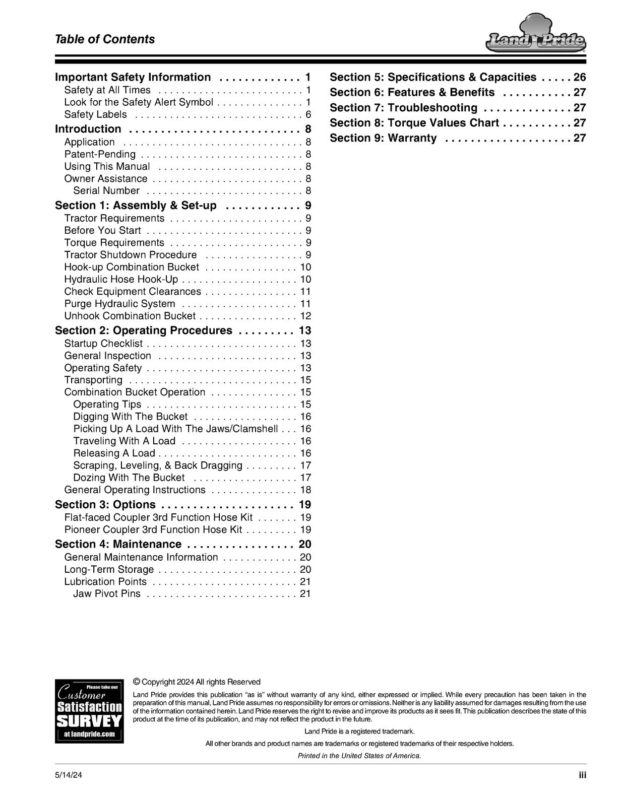 LAND PRIDE CB0654 Combo Buckets Operators Manual - WIRE BOUND - TOUGH COVERS