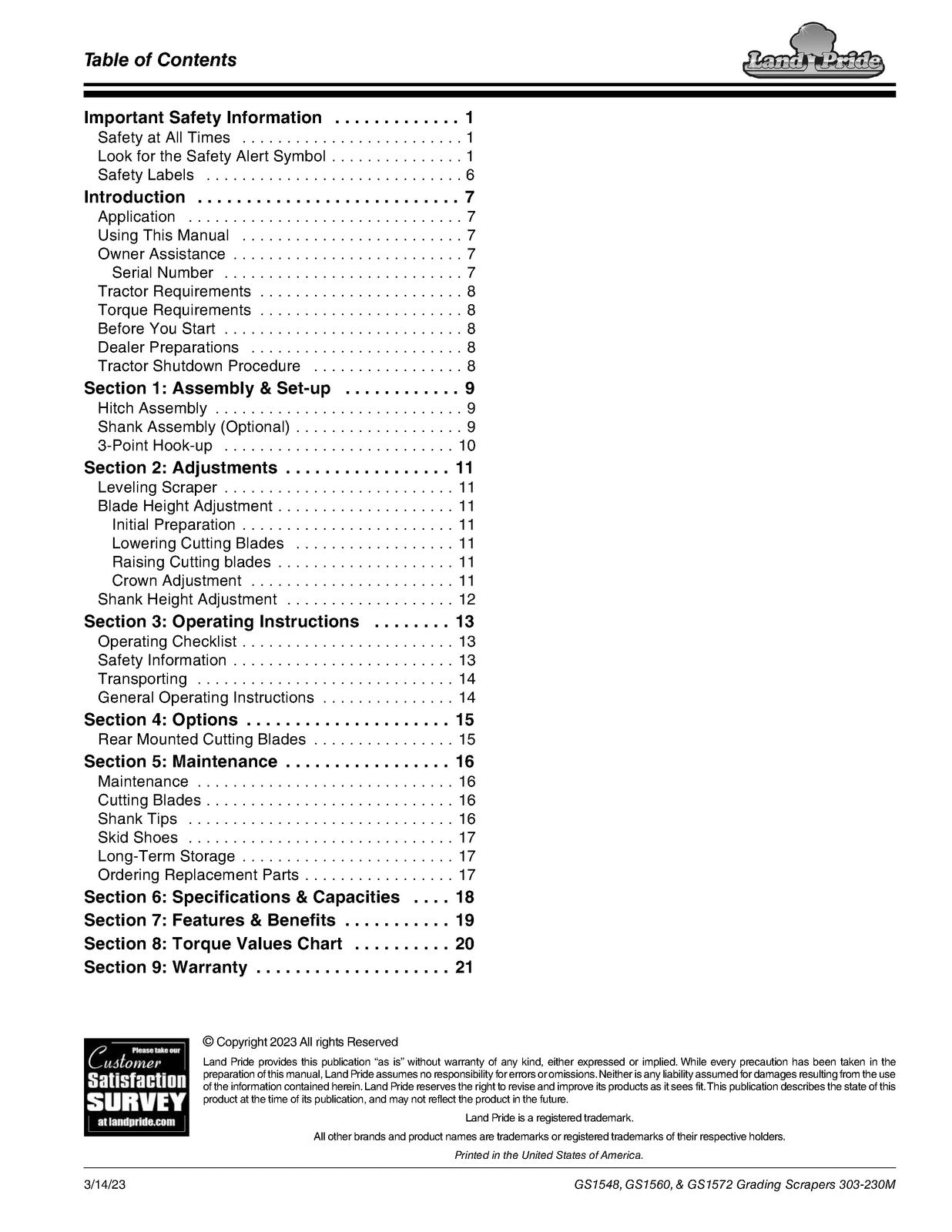 LAND PRIDE GS15 Series Grading Scrapers Operators Manual - WIRE BOUND - COVERS