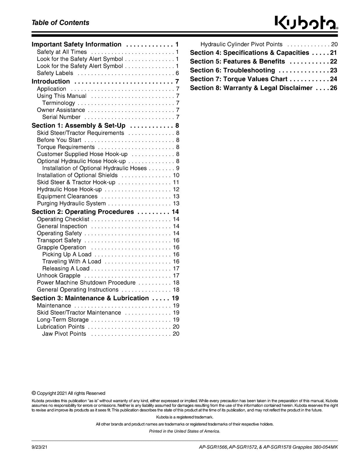 LAND PRIDE SGR15 Series Rock Grapples Operators Manual - WIRE BOUND - COVERS