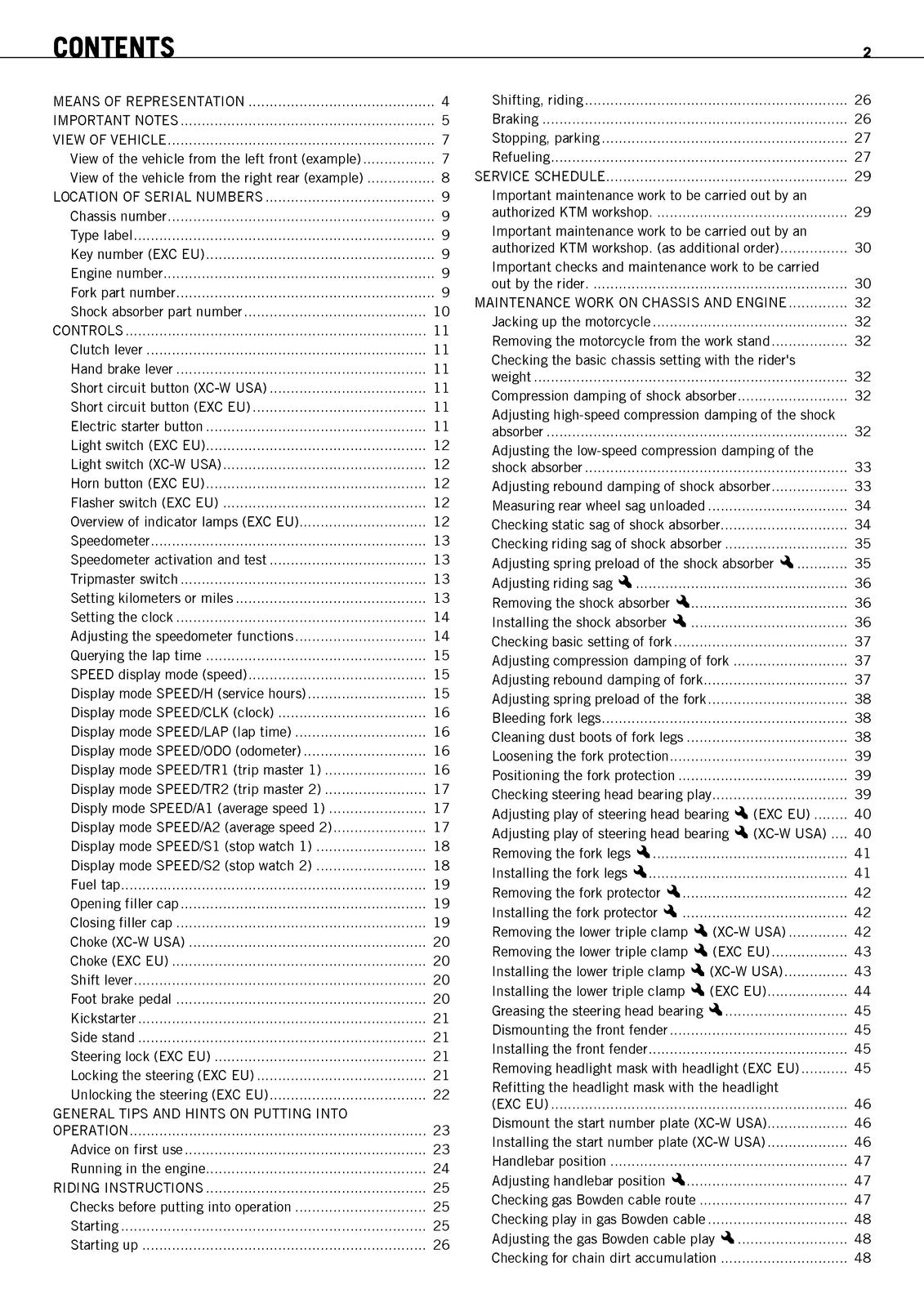 KTM 450 EXC EU 530 EXC EU 450 XC-W USA Owners Manual 2010 - WIRE BOUND - COVERS