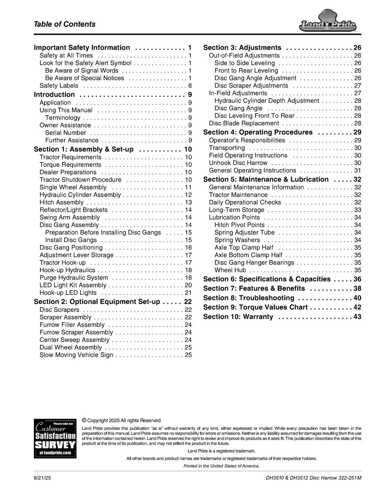LAND PRIDE DH35 Series Disc Harrows Operators Manual - WIRE BOUND - TOUGH COVERS