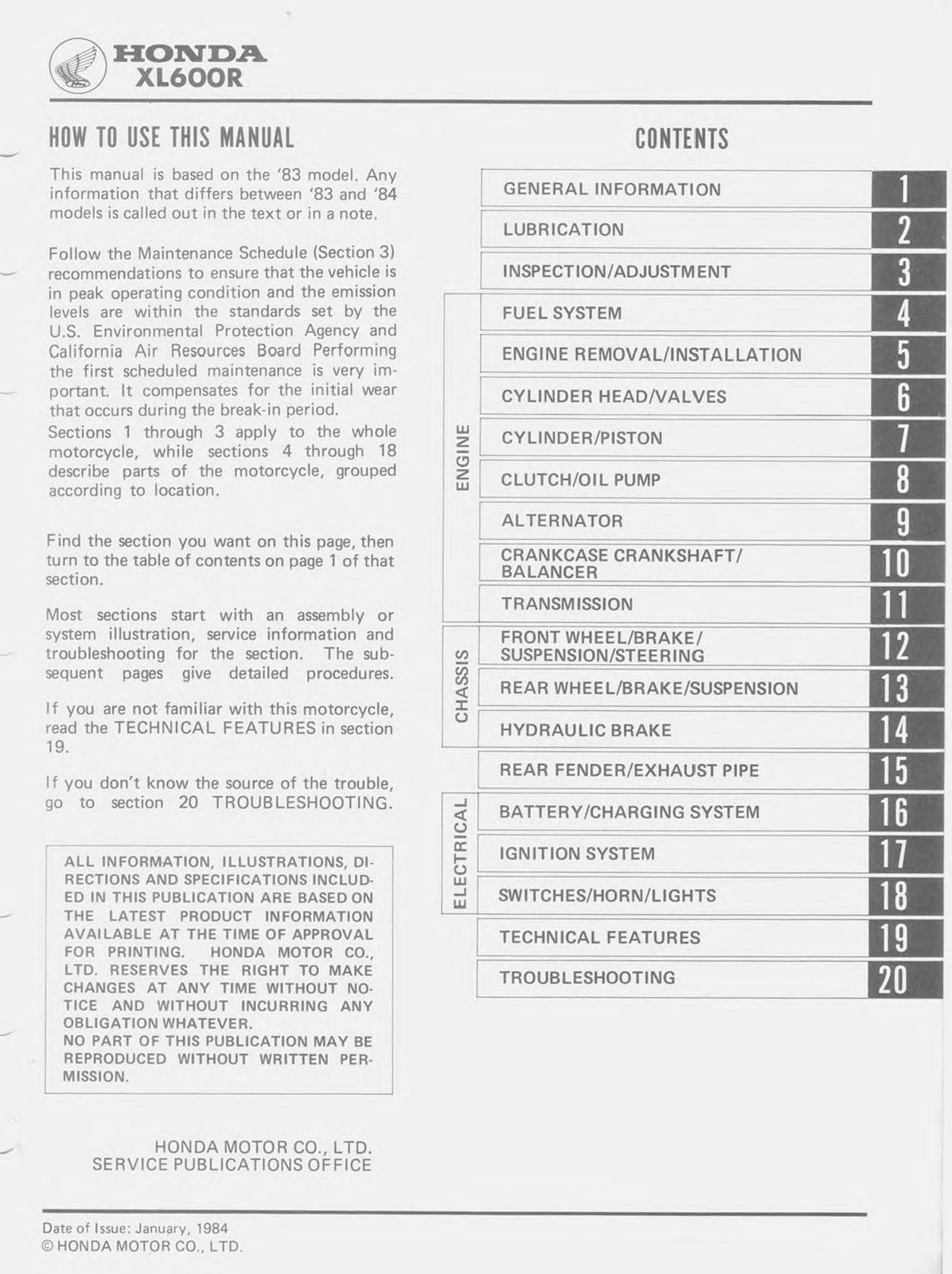 HONDA XL600R Motorcycle Workshop Manual 1983-1984 - WIRE BOUND - TOUGH COVERS